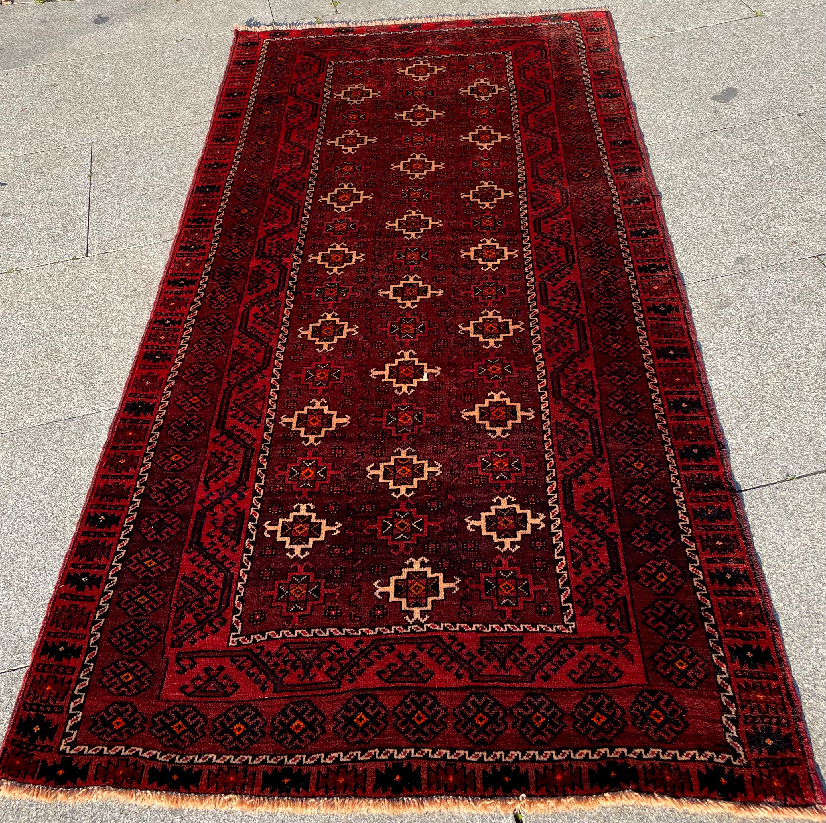 Vintage Turkoman Baluch Rug 3.8x7.4 Circa 1960s Handwoven Wool Nomadic Tribal Oriental Carpet
