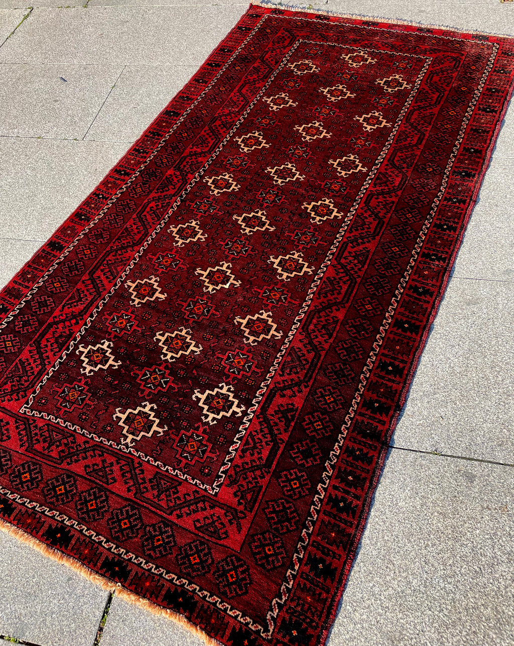Vintage Turkoman Baluch Rug 3.8x7.4 Circa 1960s Handwoven Wool Nomadic Tribal Oriental Carpet