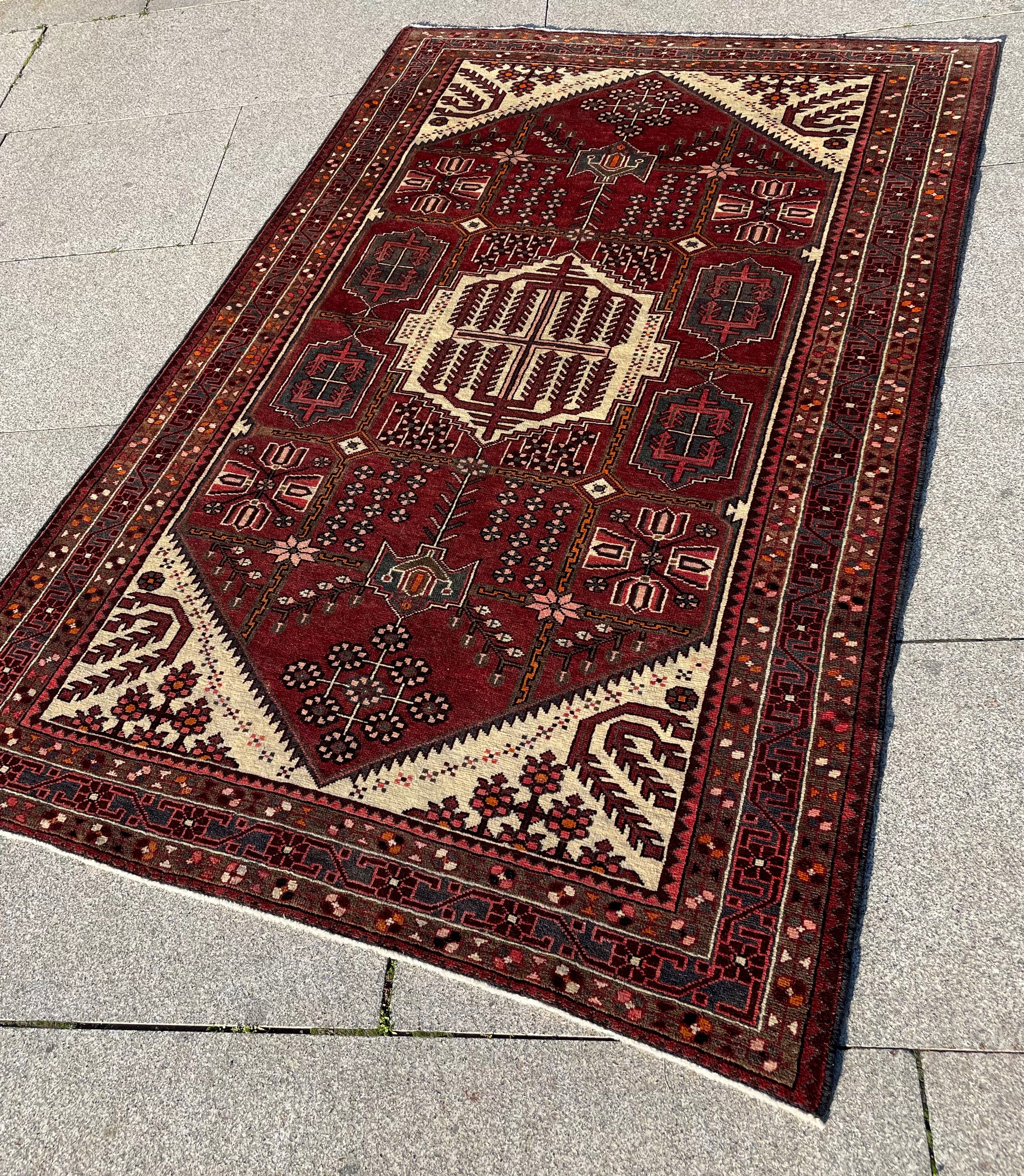 Vintage Turkish Heriz Rug 4.5x6.7 Circa 1960s Handwoven Wool Low Pile Tribal Oriental Carpet