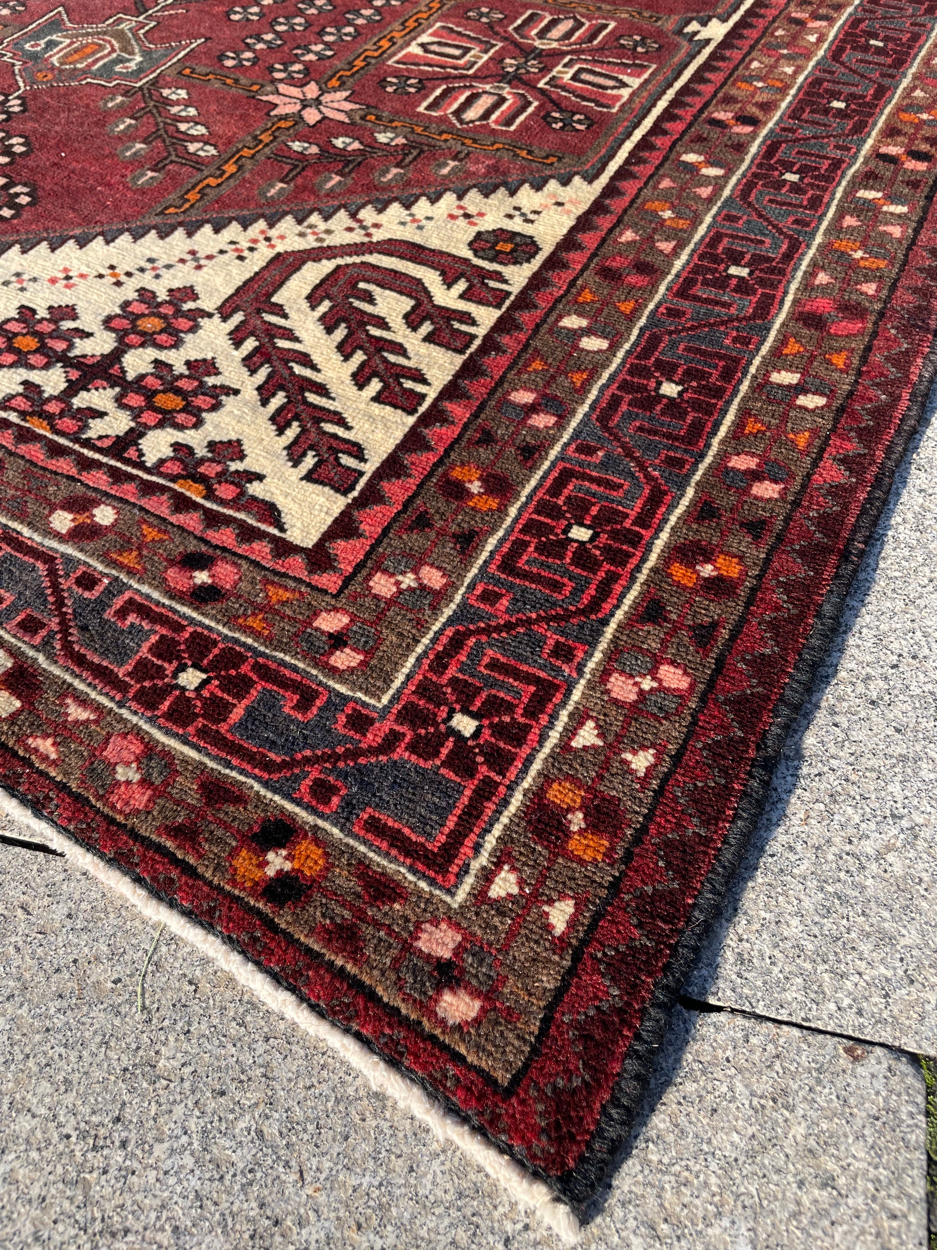 Vintage Turkish Heriz Rug 4.5x6.7 Circa 1960s Handwoven Wool Low Pile Tribal Oriental Carpet