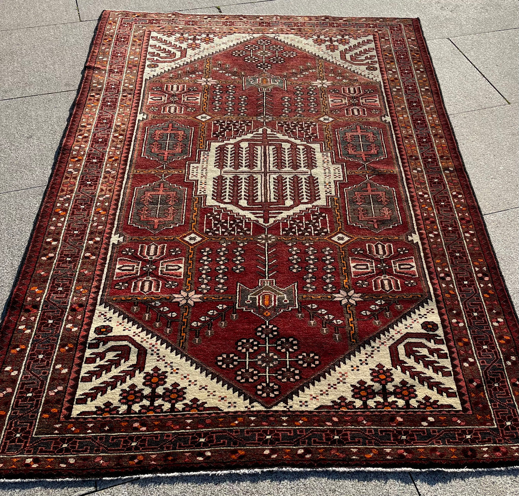 Vintage Turkish Heriz Rug 4.5x6.7 Circa 1960s Handwoven Wool Low Pile Tribal Oriental Carpet