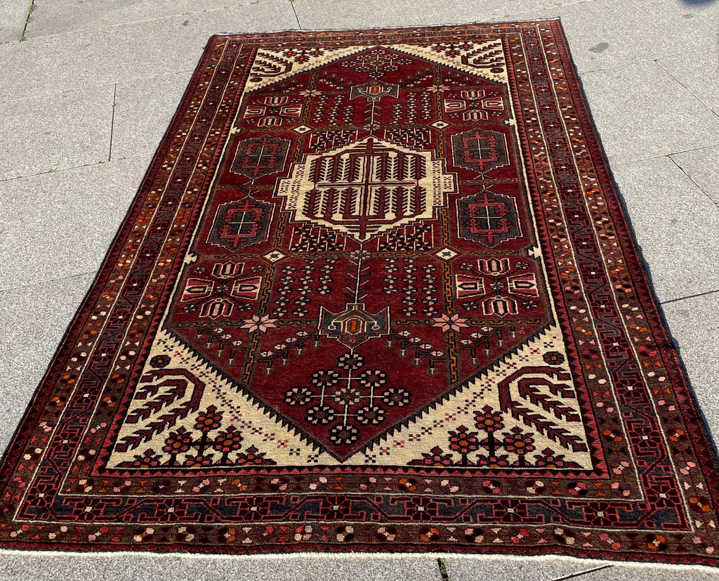 Vintage Turkish Heriz Rug 4.5x6.7 Circa 1960s Handwoven Wool Low Pile Tribal Oriental Carpet