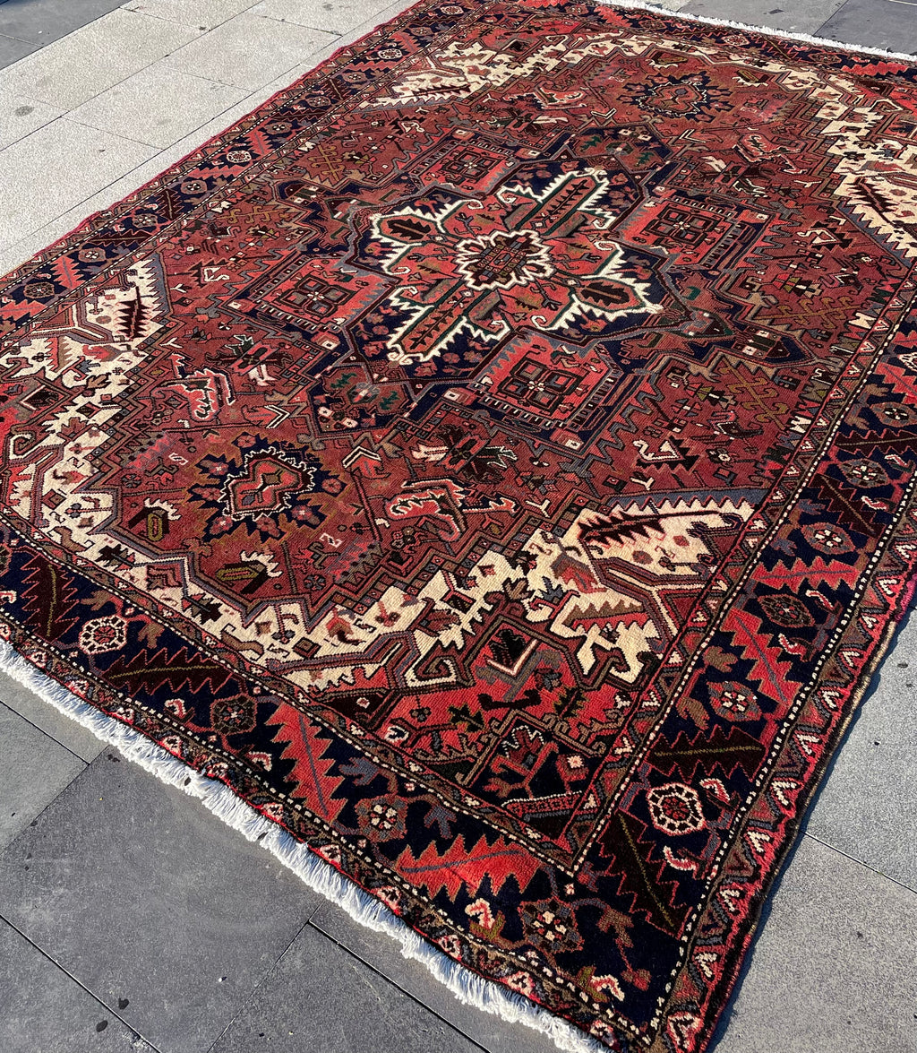 Vintage Turkish Heriz Area Rug 7.8x9.8 Handwoven Wool Soft Colors Tribal Decorative Oriental Carpet