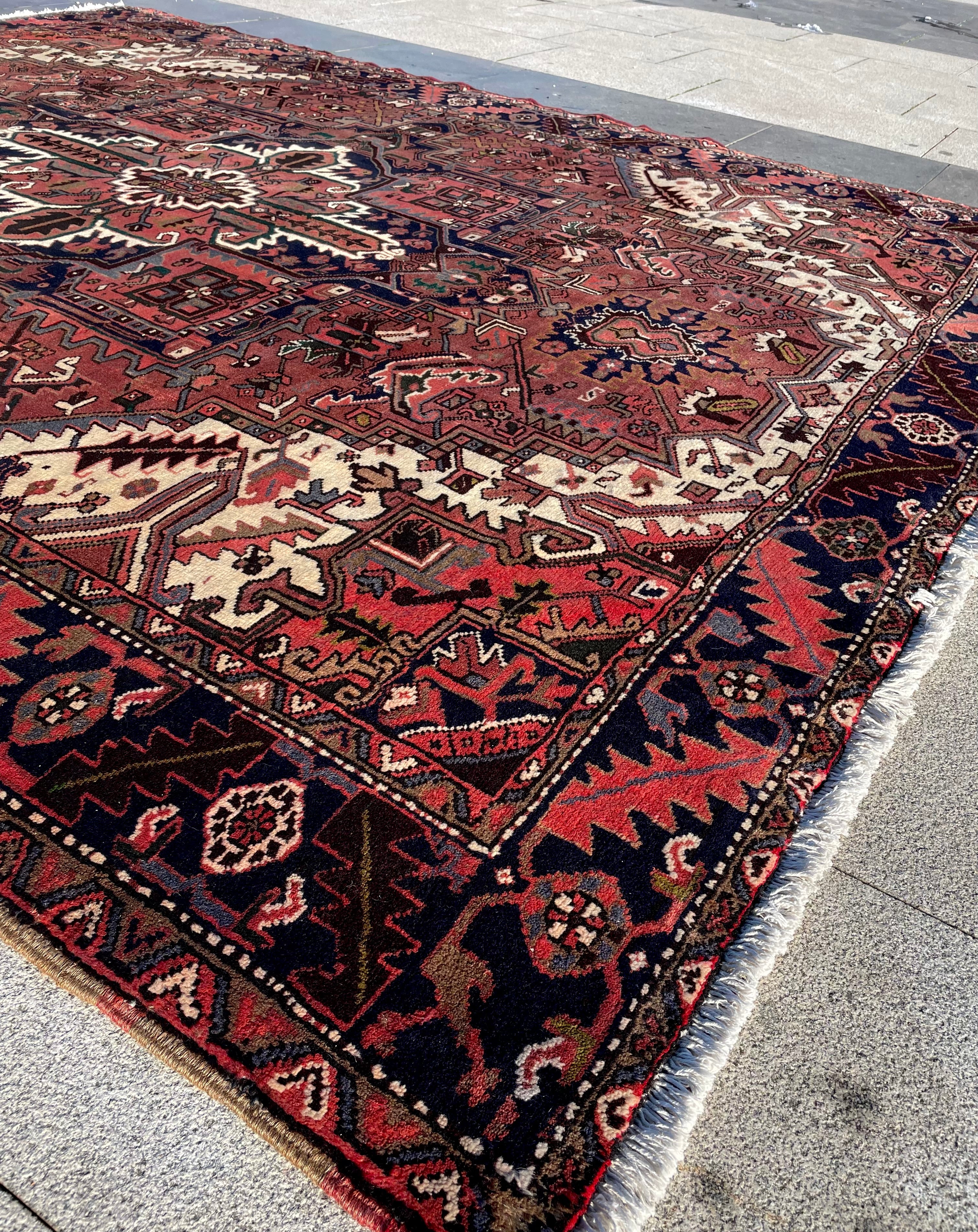 Vintage Turkish Heriz Area Rug 7.8x9.8 Handwoven Wool Soft Colors Tribal Decorative Oriental Carpet