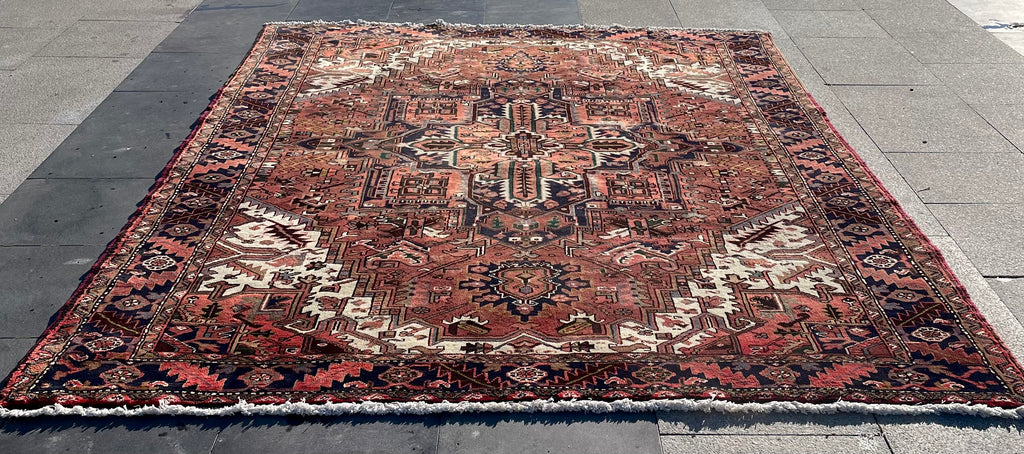 Vintage Turkish Heriz Area Rug 7.8x9.8 Handwoven Wool Soft Colors Tribal Decorative Oriental Carpet
