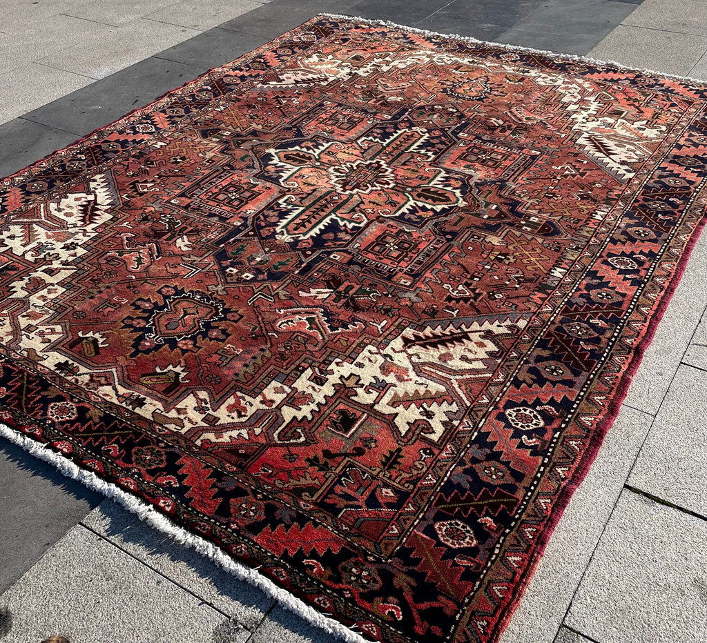 Vintage Turkish Heriz Area Rug 7.8x9.8 Handwoven Wool Soft Colors Tribal Decorative Oriental Carpet