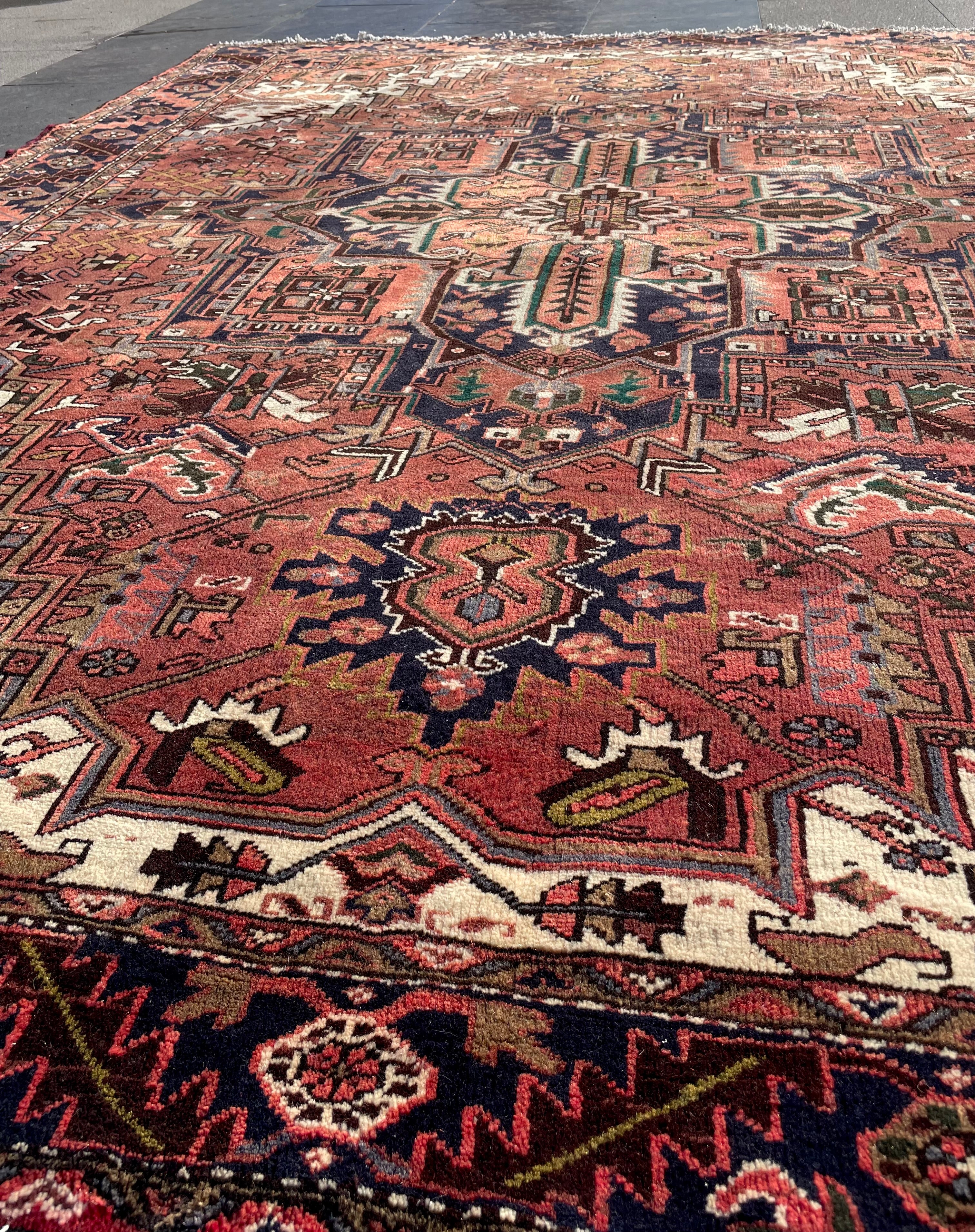 Vintage Turkish Heriz Area Rug 7.8x9.8 Handwoven Wool Soft Colors Tribal Decorative Oriental Carpet