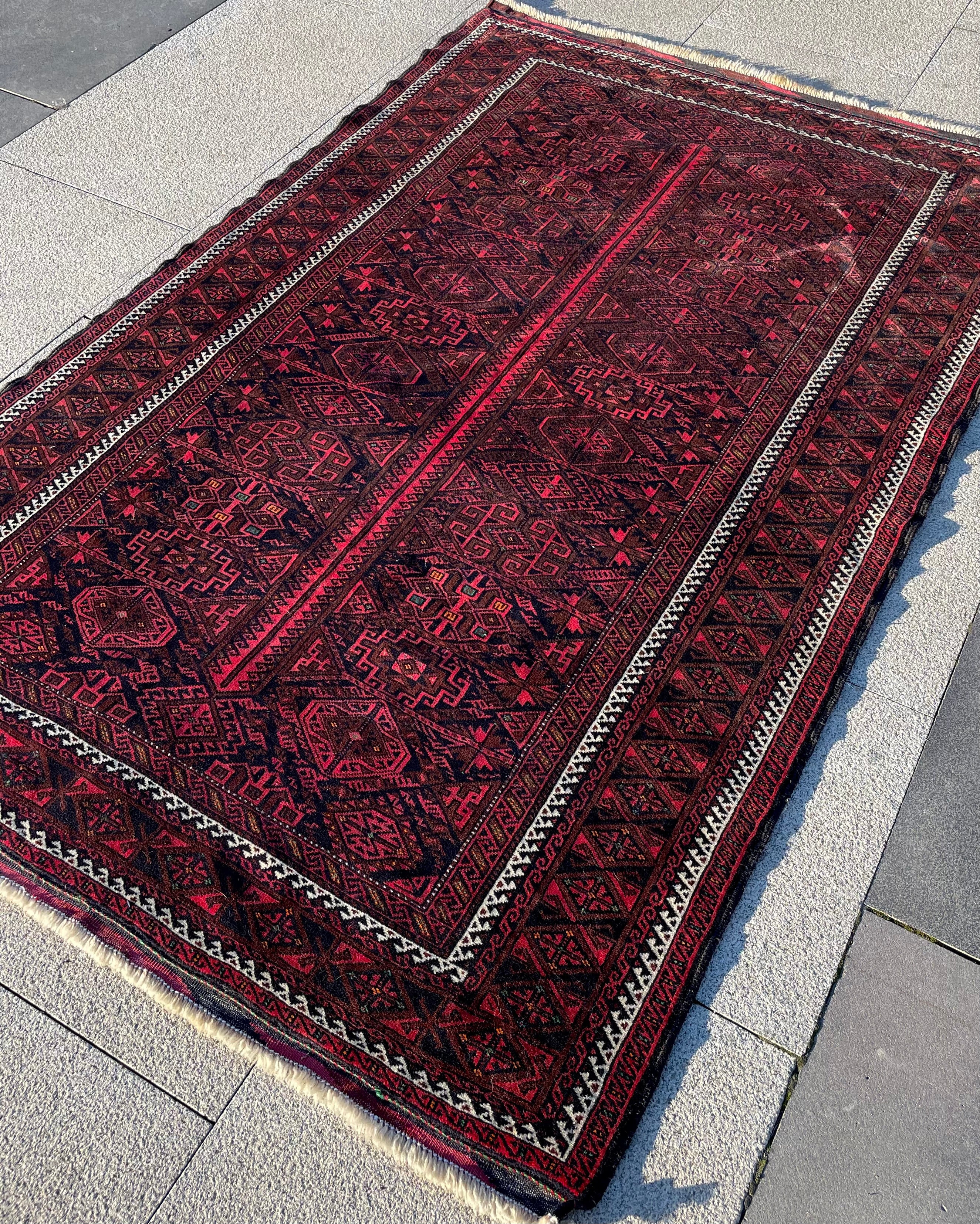 Vintage Turkoman Baluch Rug 4.4x6.5 Handwoven Wool Nomadic Tribal Oriental Carpet