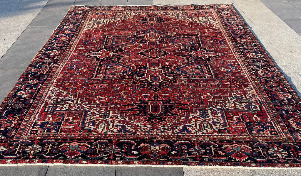 Antique Heriz Rug 9.7x12.6 Circa 1920s Authentic Handwoven Wool Tribal Oriental Carpet Home Decor