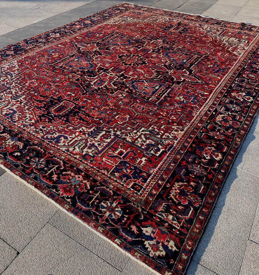 Antique Heriz Rug 9.7x12.6 Circa 1920s Authentic Handwoven Wool Tribal Oriental Carpet Home Decor