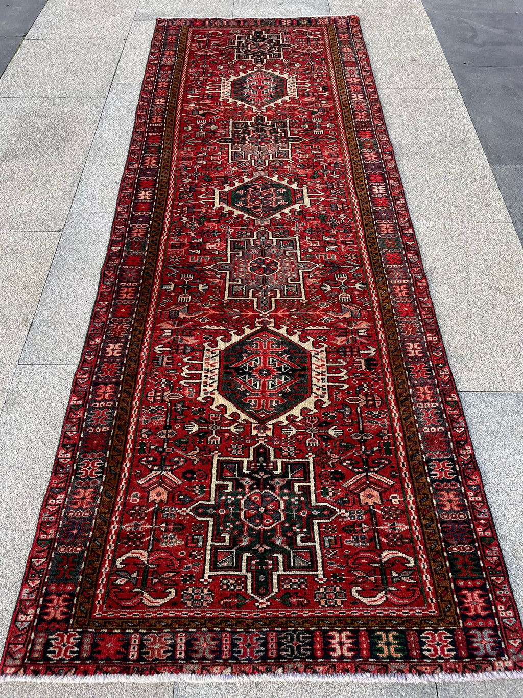 Vintage Turkish Heriz Runner Rug 3.3x9.3 Handwoven Wool Tribal Oriental Carpet