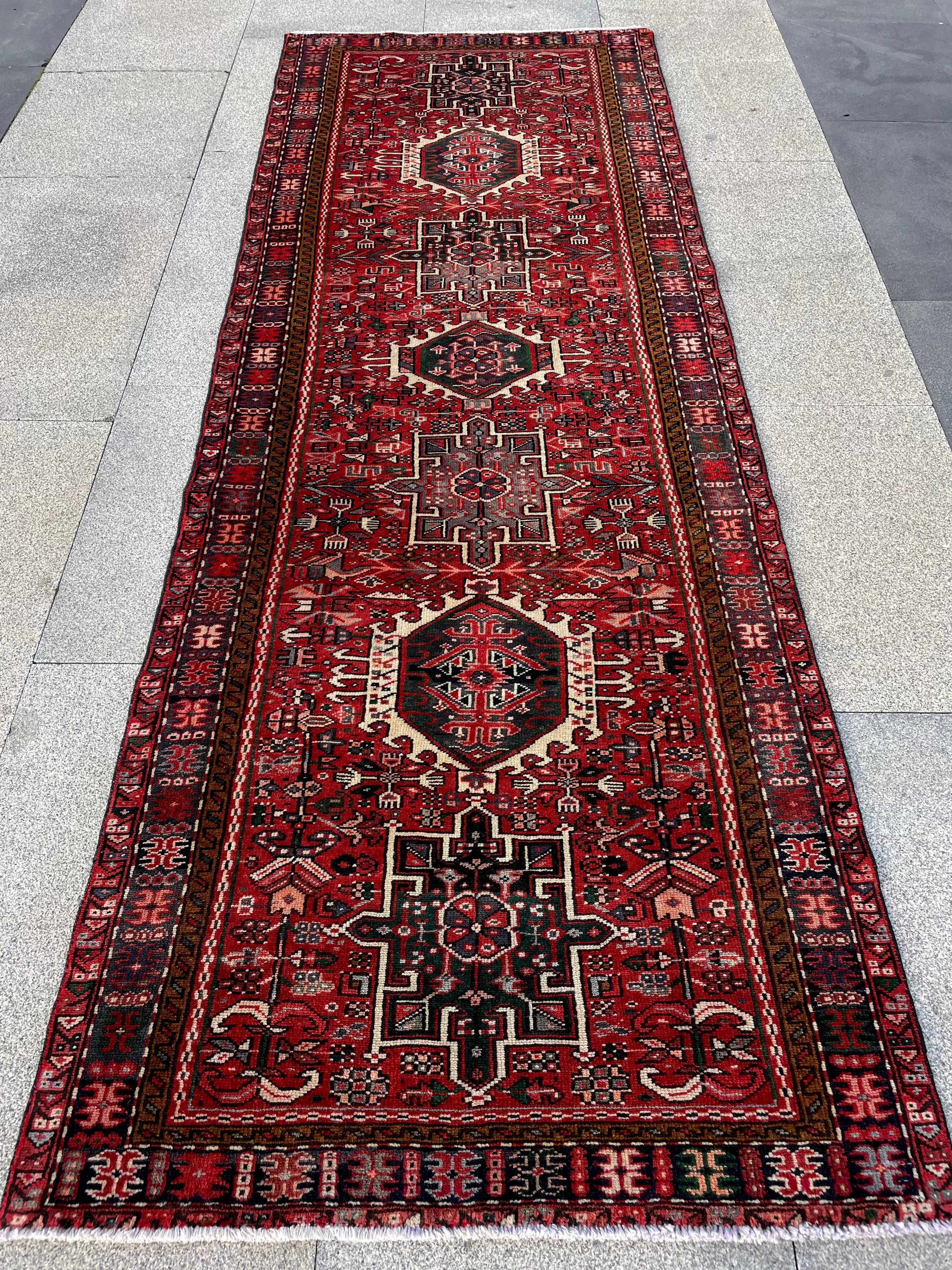 Vintage Turkish Heriz Runner Rug 3.3x9.3 Handwoven Wool Tribal Oriental Carpet