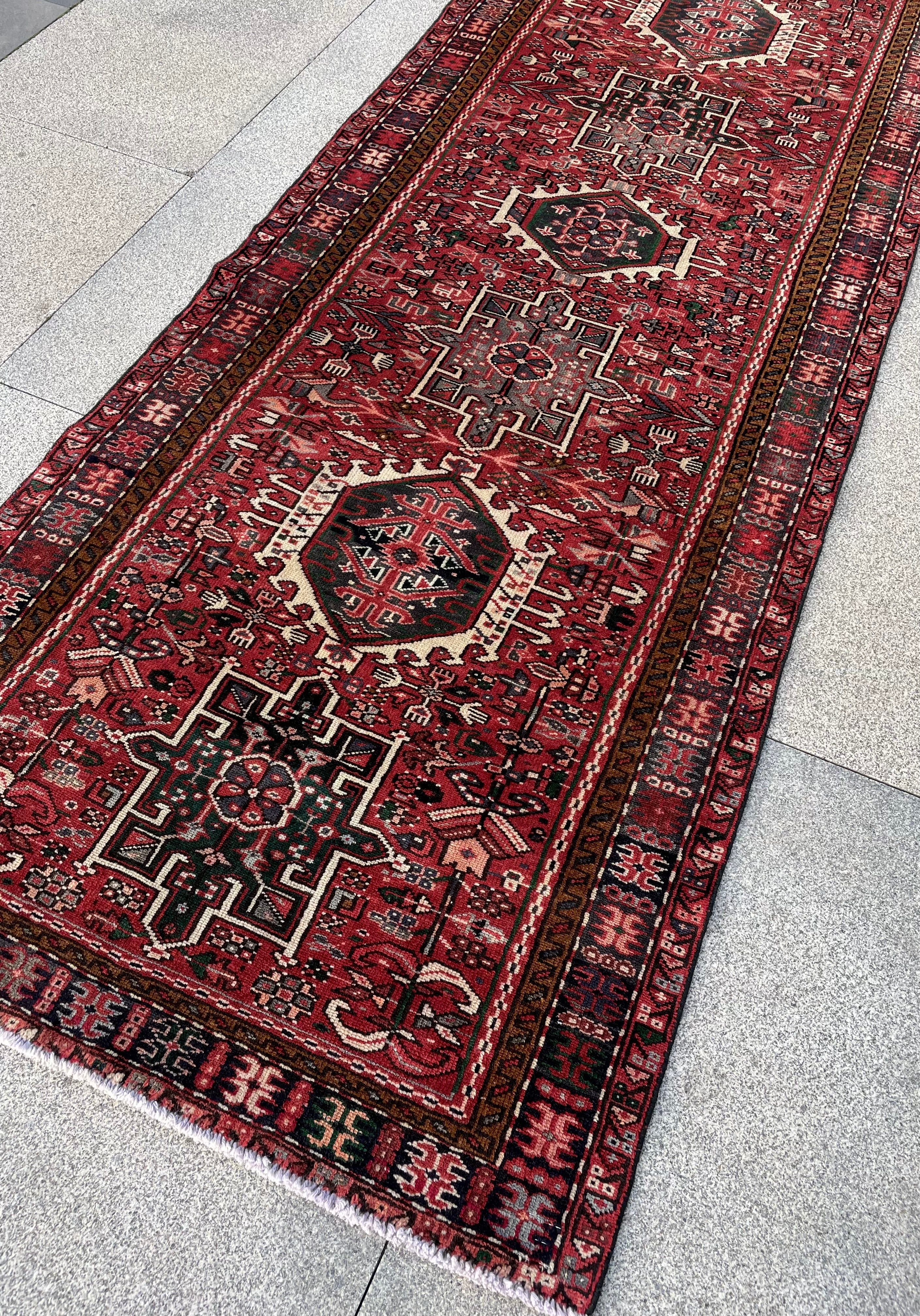 Vintage Turkish Heriz Runner Rug 3.3x9.3 Handwoven Wool Tribal Oriental Carpet