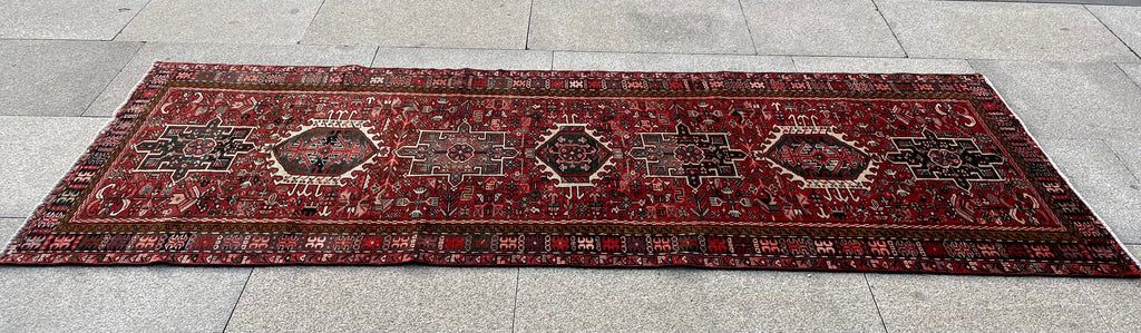 Vintage Turkish Heriz Runner Rug 3.3x9.3 Handwoven Wool Tribal Oriental Carpet