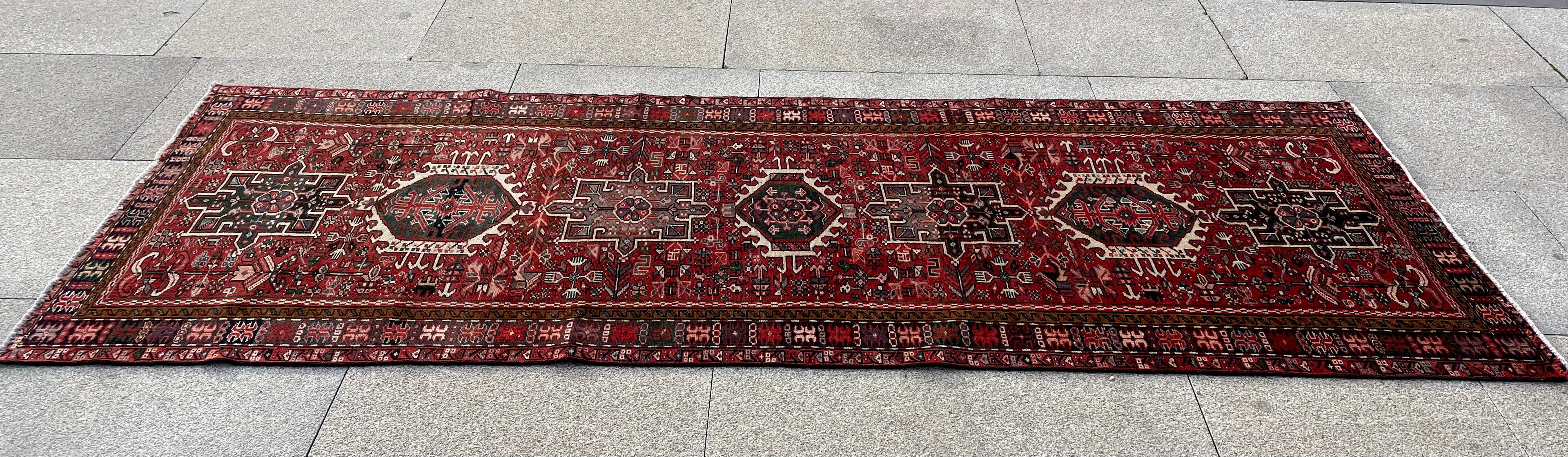 Vintage Turkish Heriz Runner Rug 3.3x9.3 Handwoven Wool Tribal Oriental Carpet