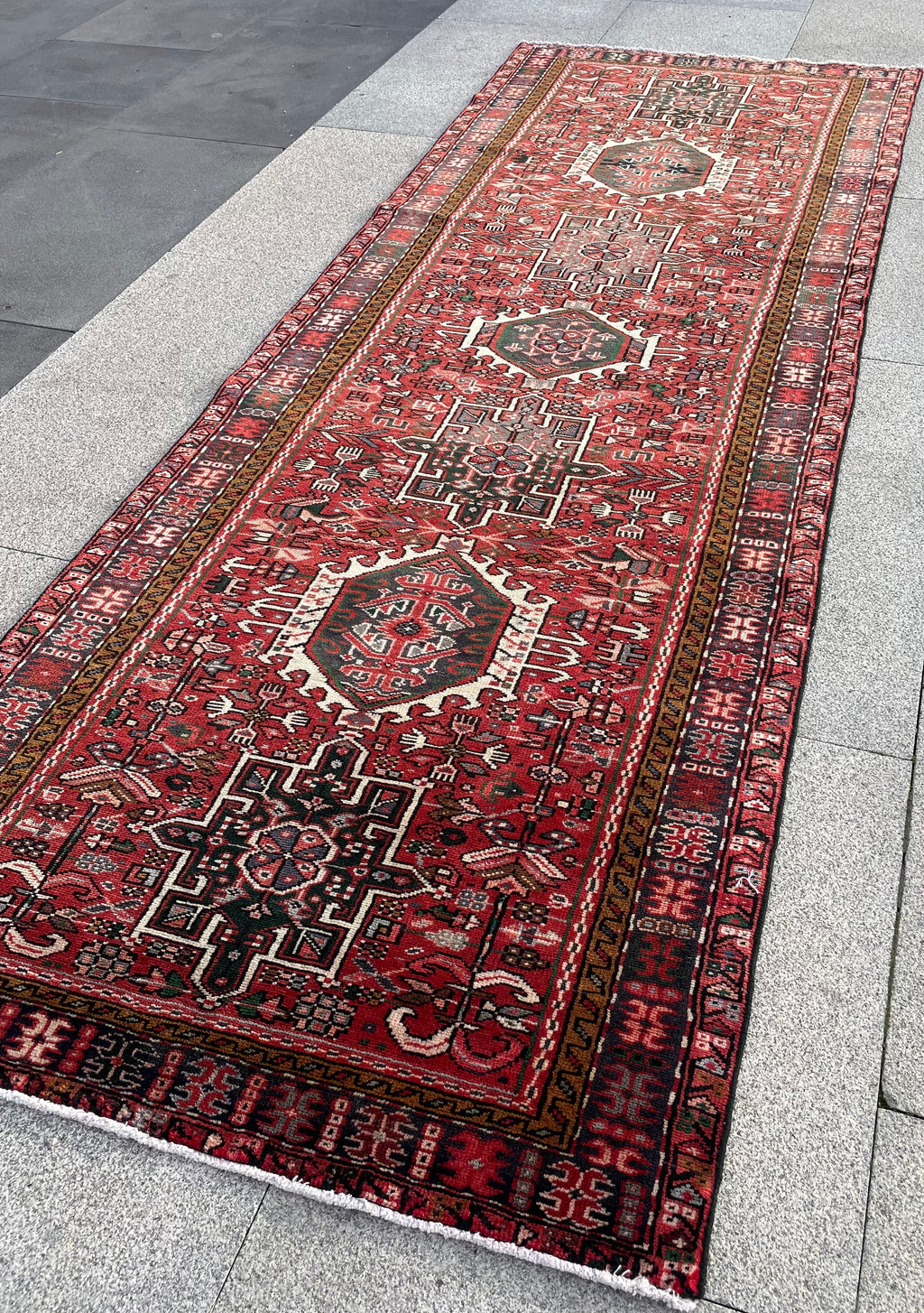 Vintage Turkish Heriz Runner Rug 3.3x9.3 Handwoven Wool Tribal Oriental Carpet
