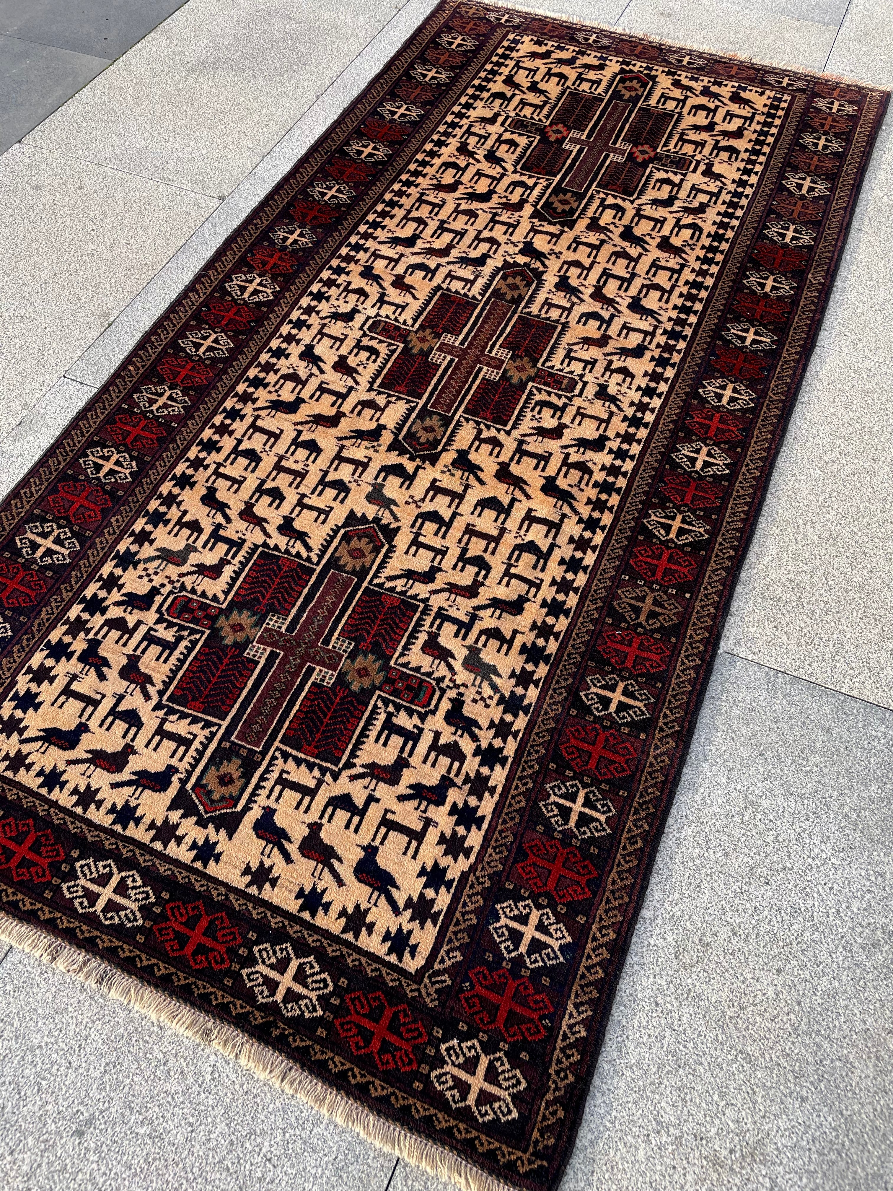 Vintage Nomadic Baluch Rug 3.5x7.2 Circa 1950s Handwoven Wool Tribal Oriental Rug Home Decor