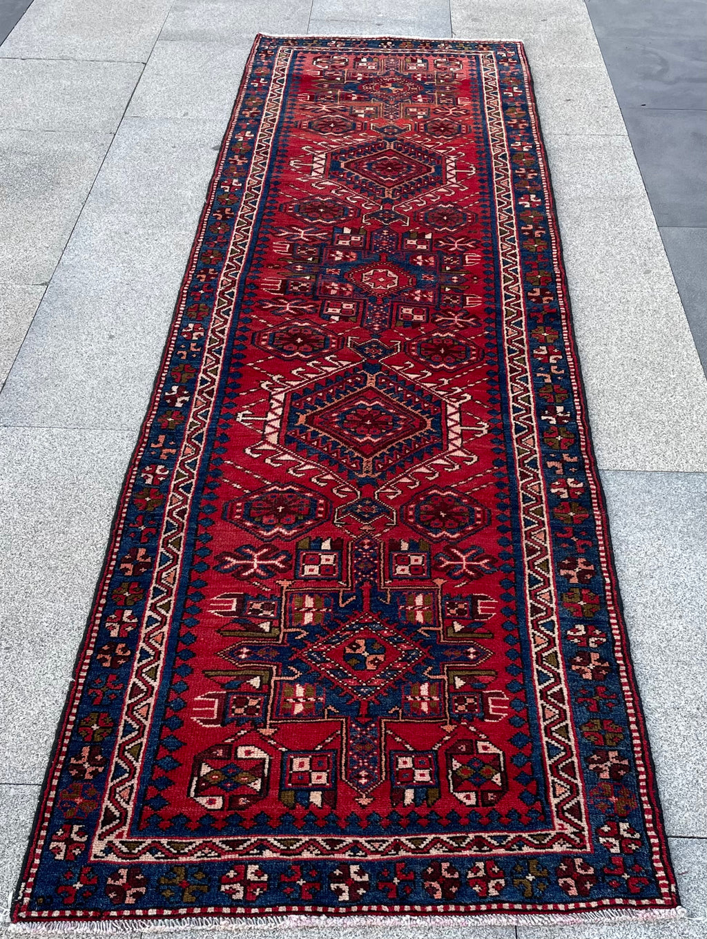 Vintage Turkish Heriz Runner Rug 3x10 Handwoven Wool Tribal Oriental Carpet