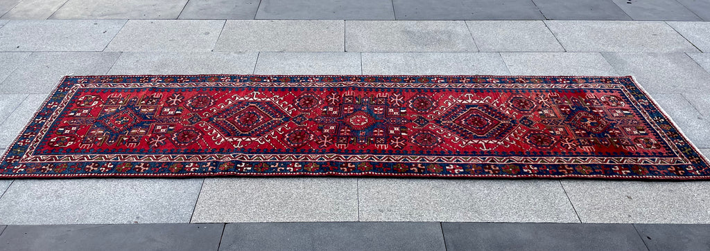 Vintage Turkish Heriz Runner Rug 3x10 Handwoven Wool Tribal Oriental Carpet