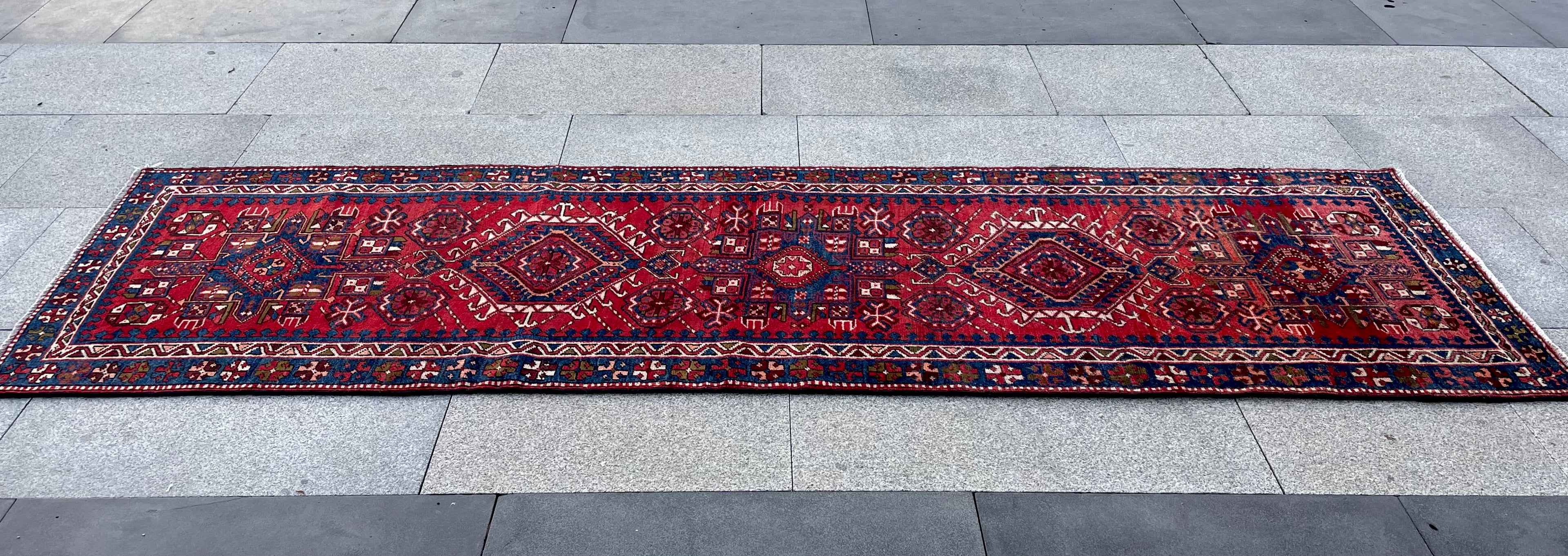 Vintage Turkish Heriz Runner Rug 3x10 Handwoven Wool Tribal Oriental Carpet
