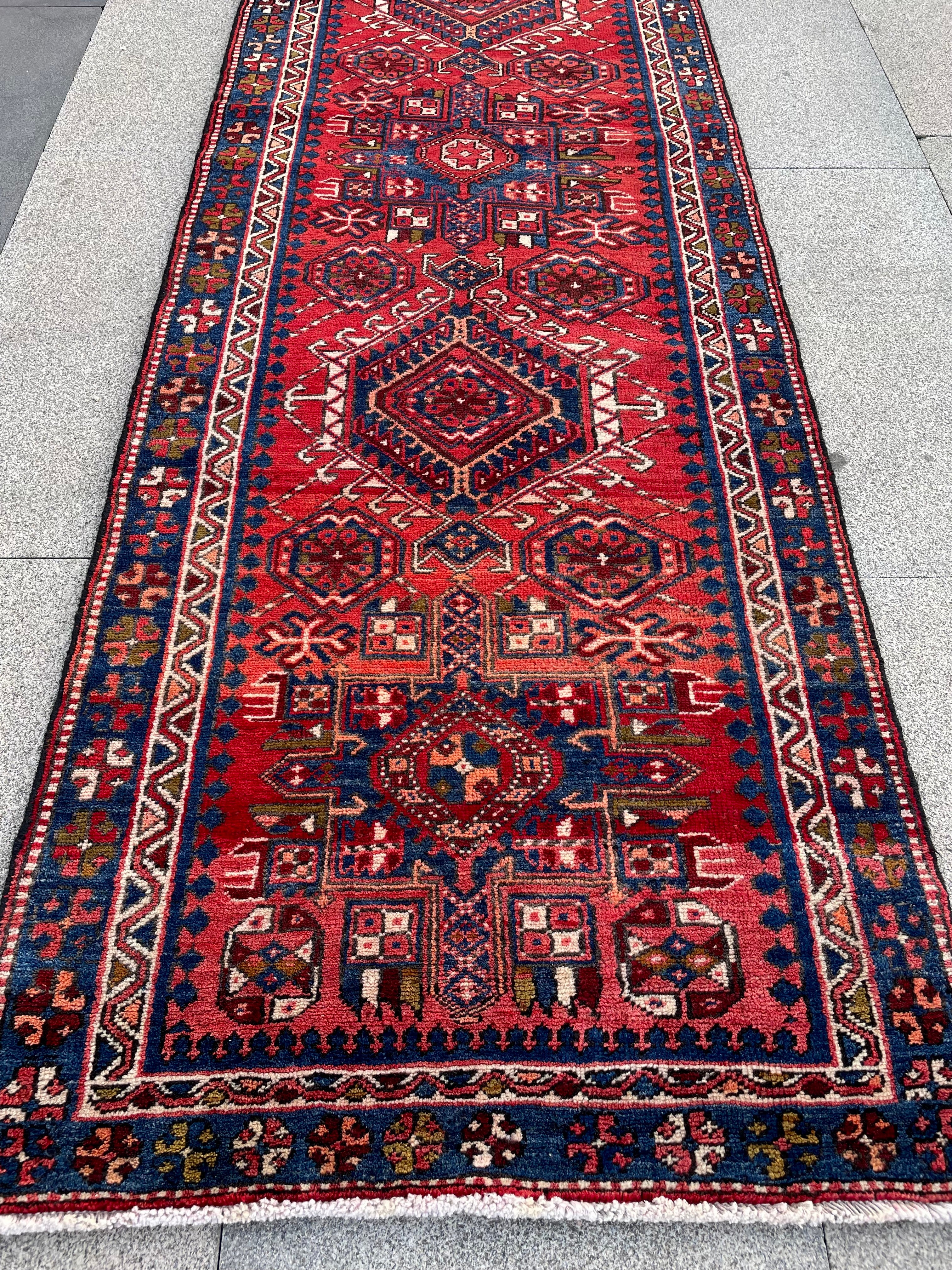 Vintage Turkish Heriz Runner Rug 3x10 Handwoven Wool Tribal Oriental Carpet