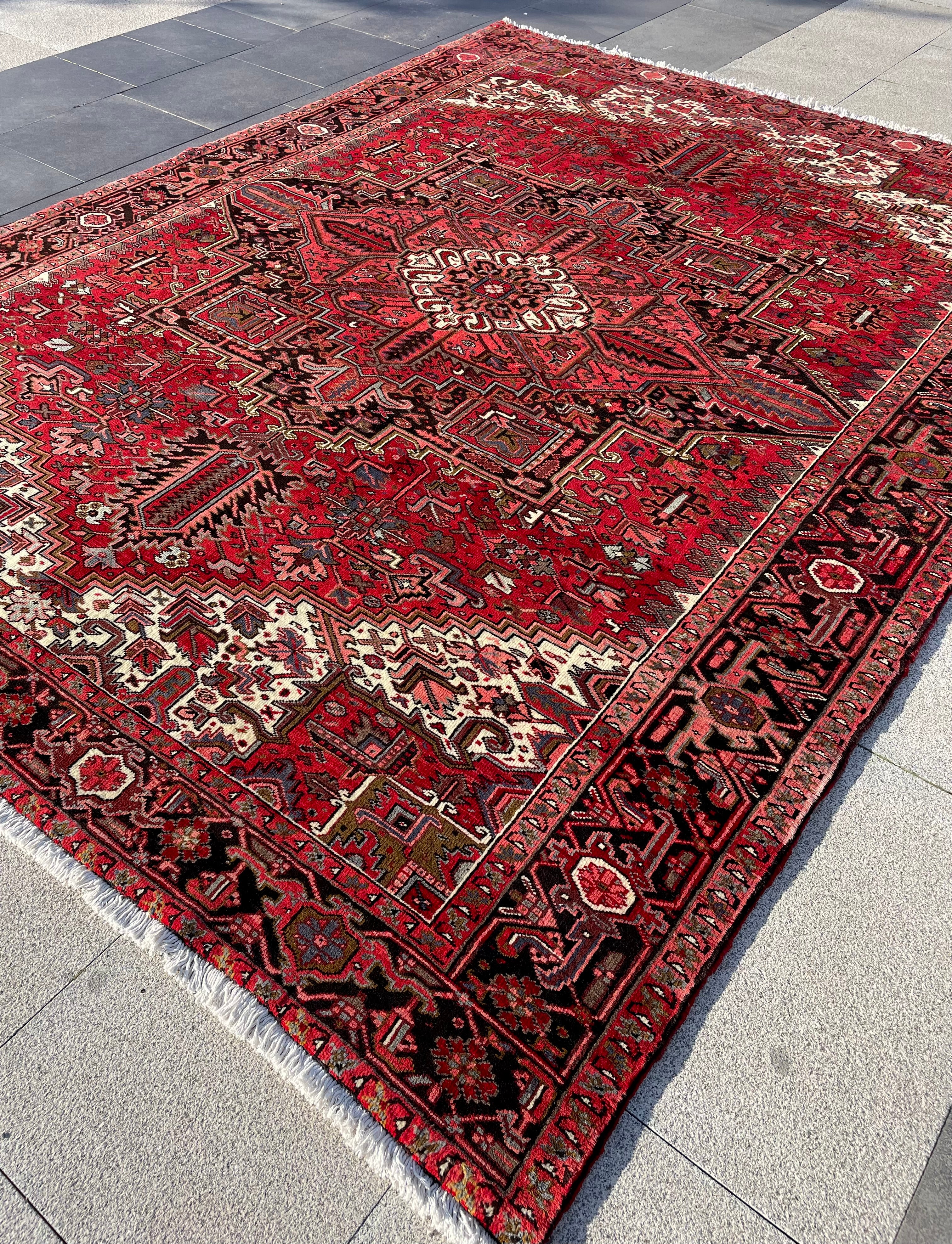 Vintage Turkish Heriz Rug 11.3x8.6 Handwoven Wool High Pile Cozy Tribal Oriental Carpet Home Decor