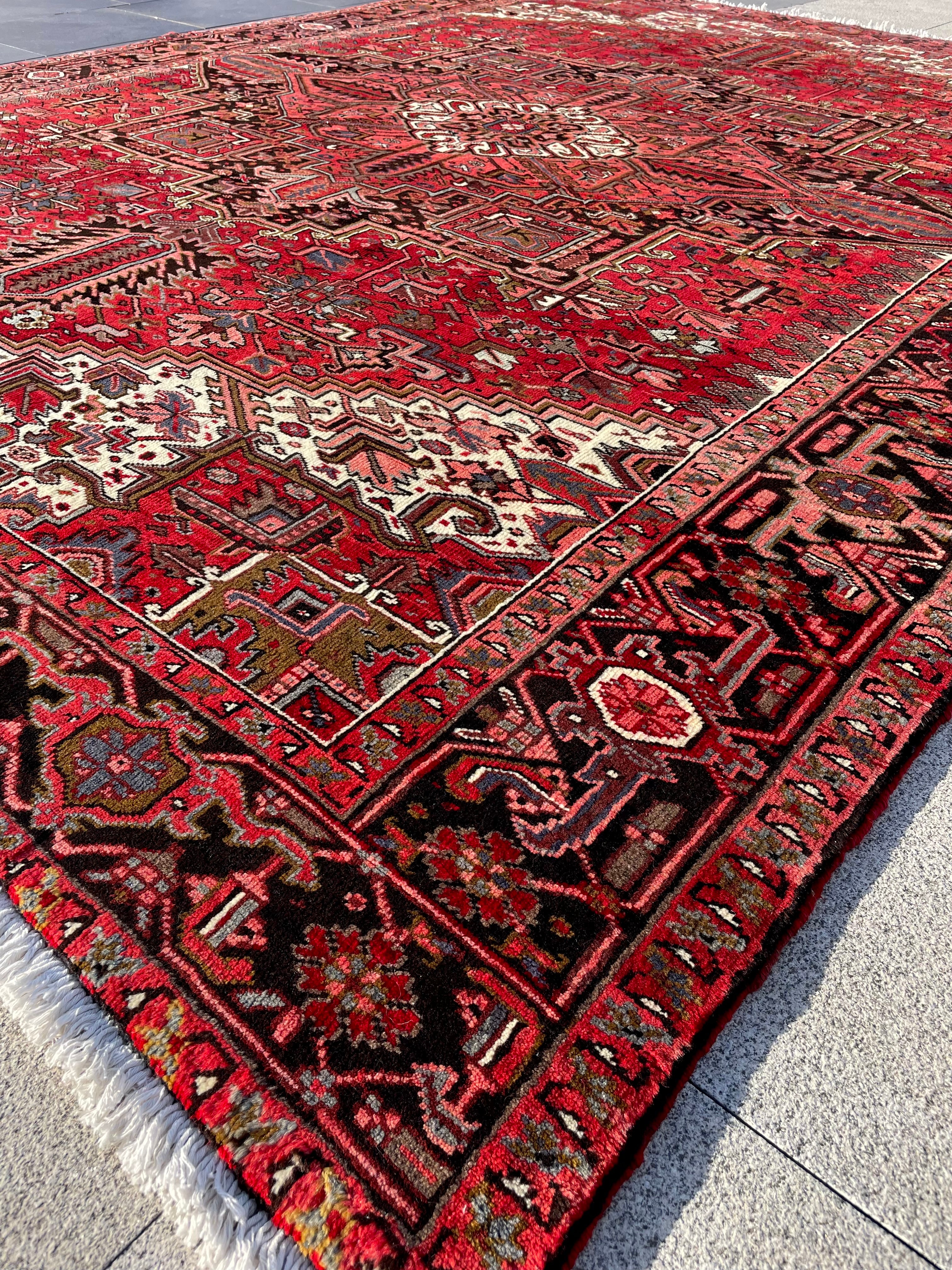 Vintage Turkish Heriz Rug 11.3x8.6 Handwoven Wool High Pile Cozy Tribal Oriental Carpet Home Decor