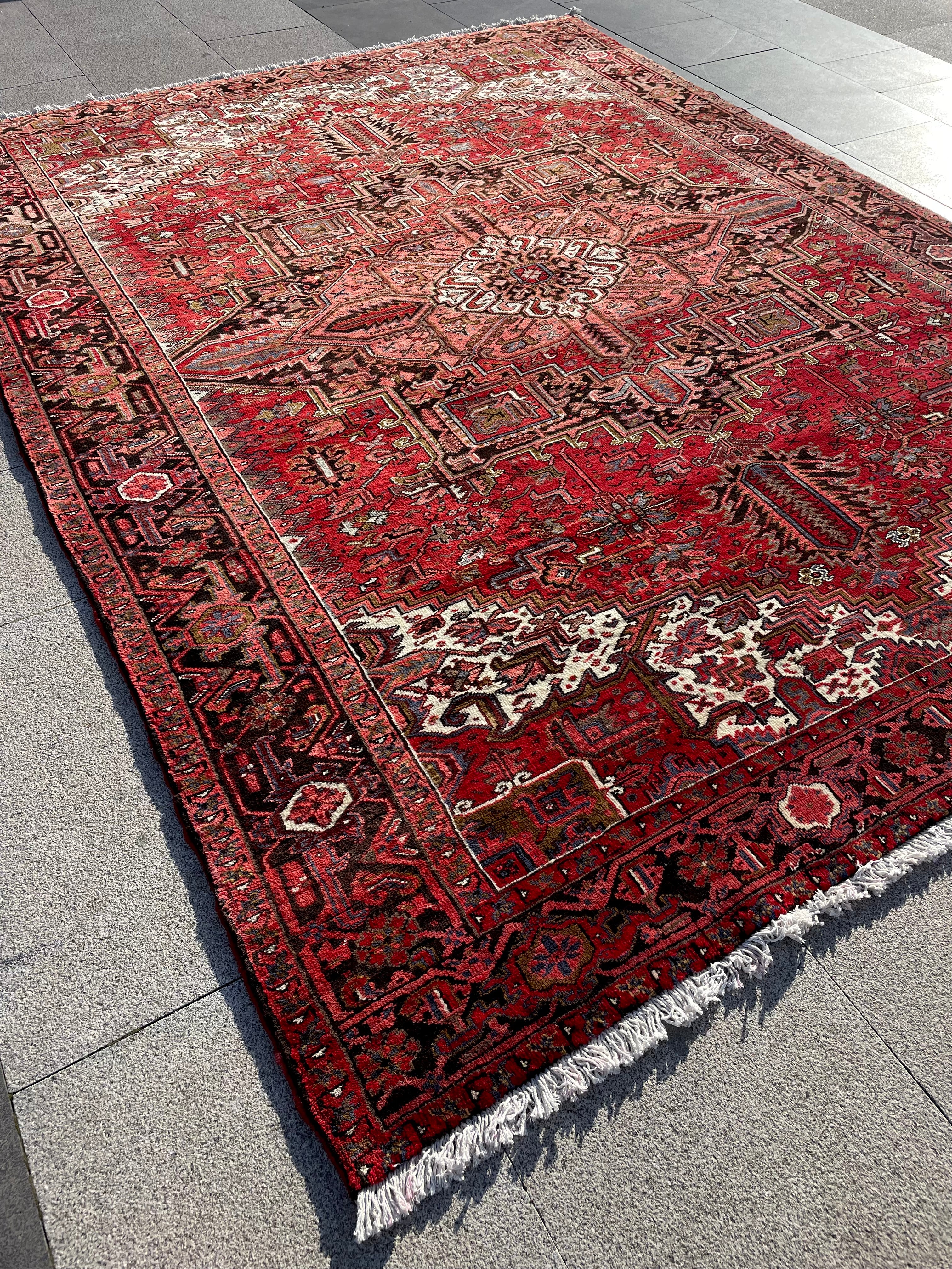 Vintage Turkish Heriz Rug 11.3x8.6 Handwoven Wool High Pile Cozy Tribal Oriental Carpet Home Decor
