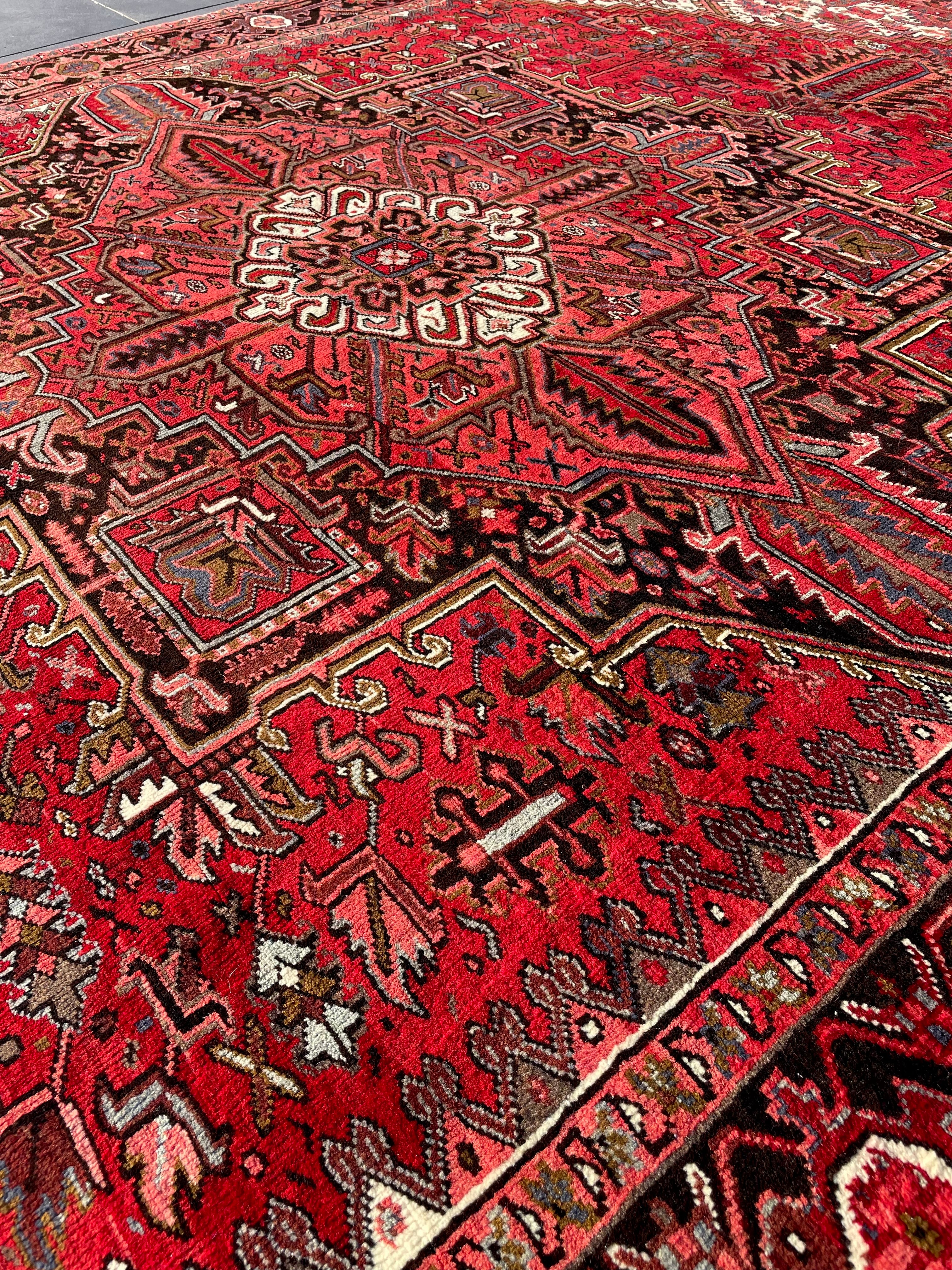 Vintage Turkish Heriz Rug 11.3x8.6 Handwoven Wool High Pile Cozy Tribal Oriental Carpet Home Decor