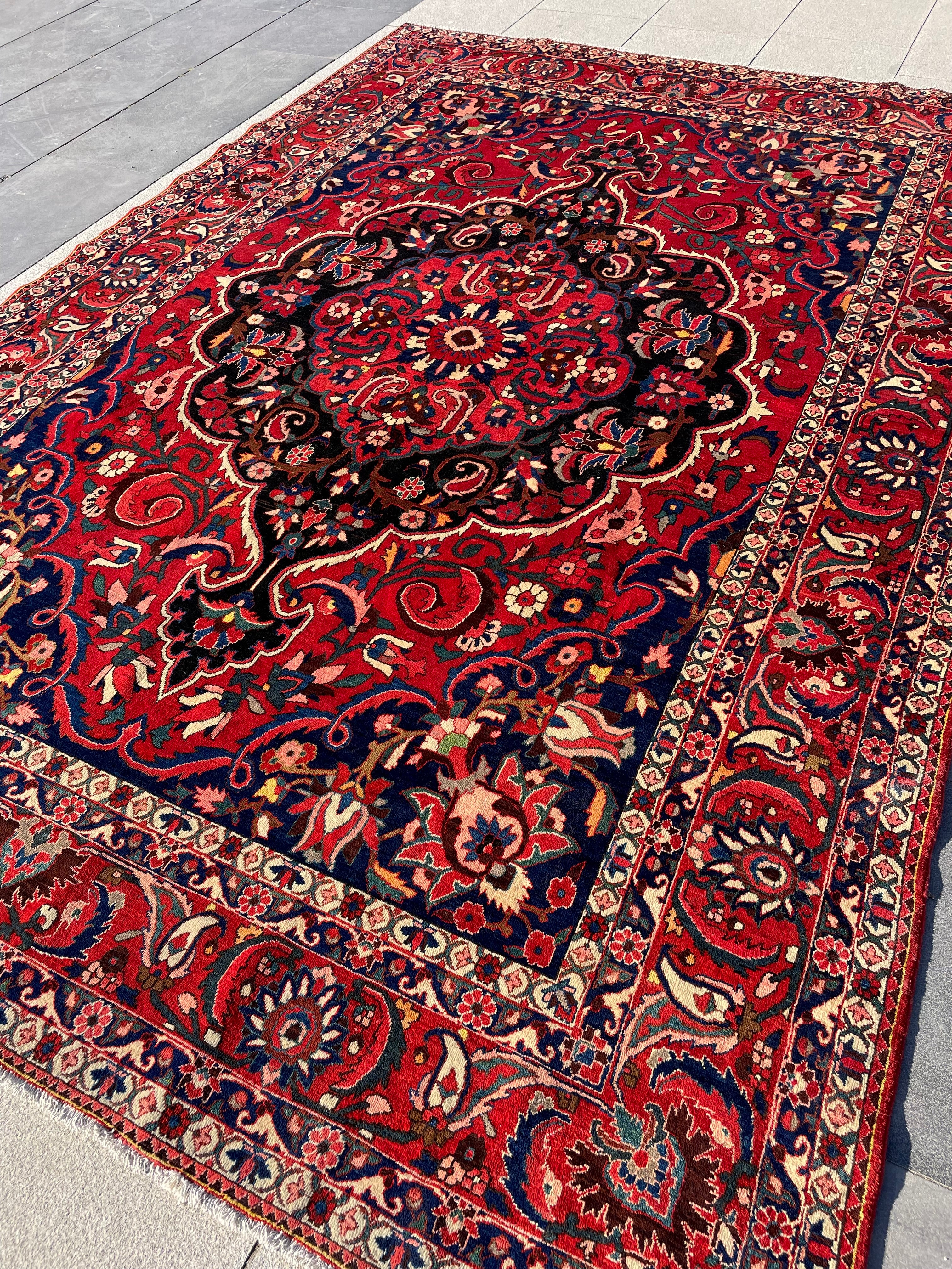 Vintage Bakhtiari Rug 8.4x12.5 Circa 1950s Handwoven Wool High Pile Tribal Oriental Carpet Home Decor
