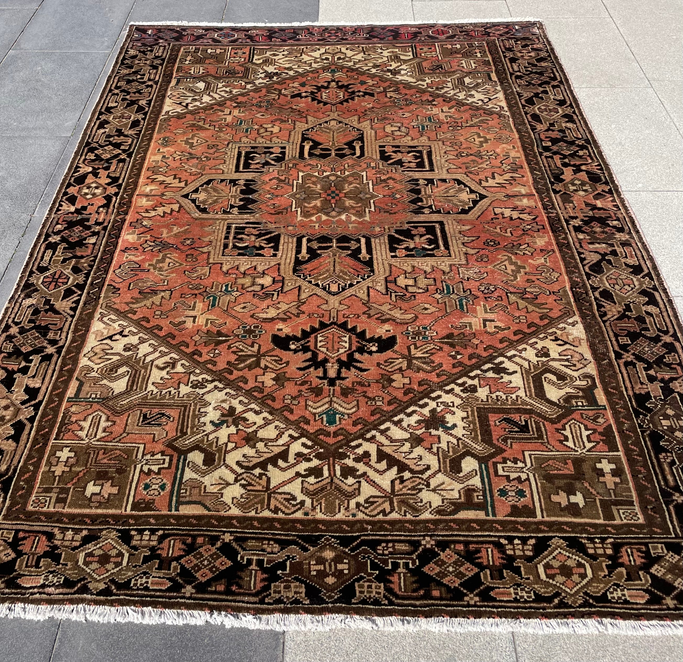 Pastel Vintage Turkish Heriz Area Rug 7x9.9 Circa 1970s Handwoven Wool Low Pile Tribal Oriental Rug Home Decor