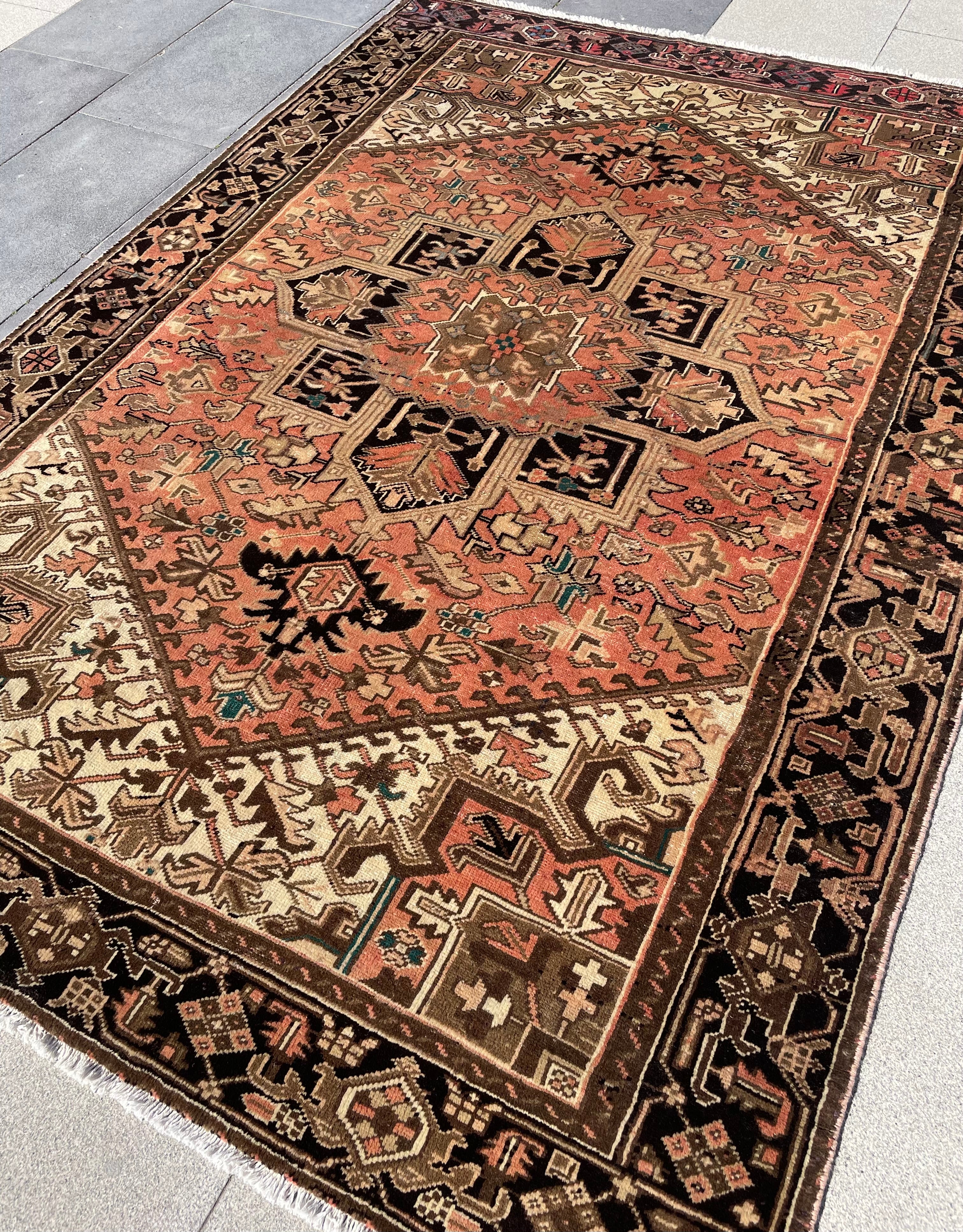 Pastel Vintage Turkish Heriz Area Rug 7x9.9 Circa 1970s Handwoven Wool Low Pile Tribal Oriental Rug Home Decor