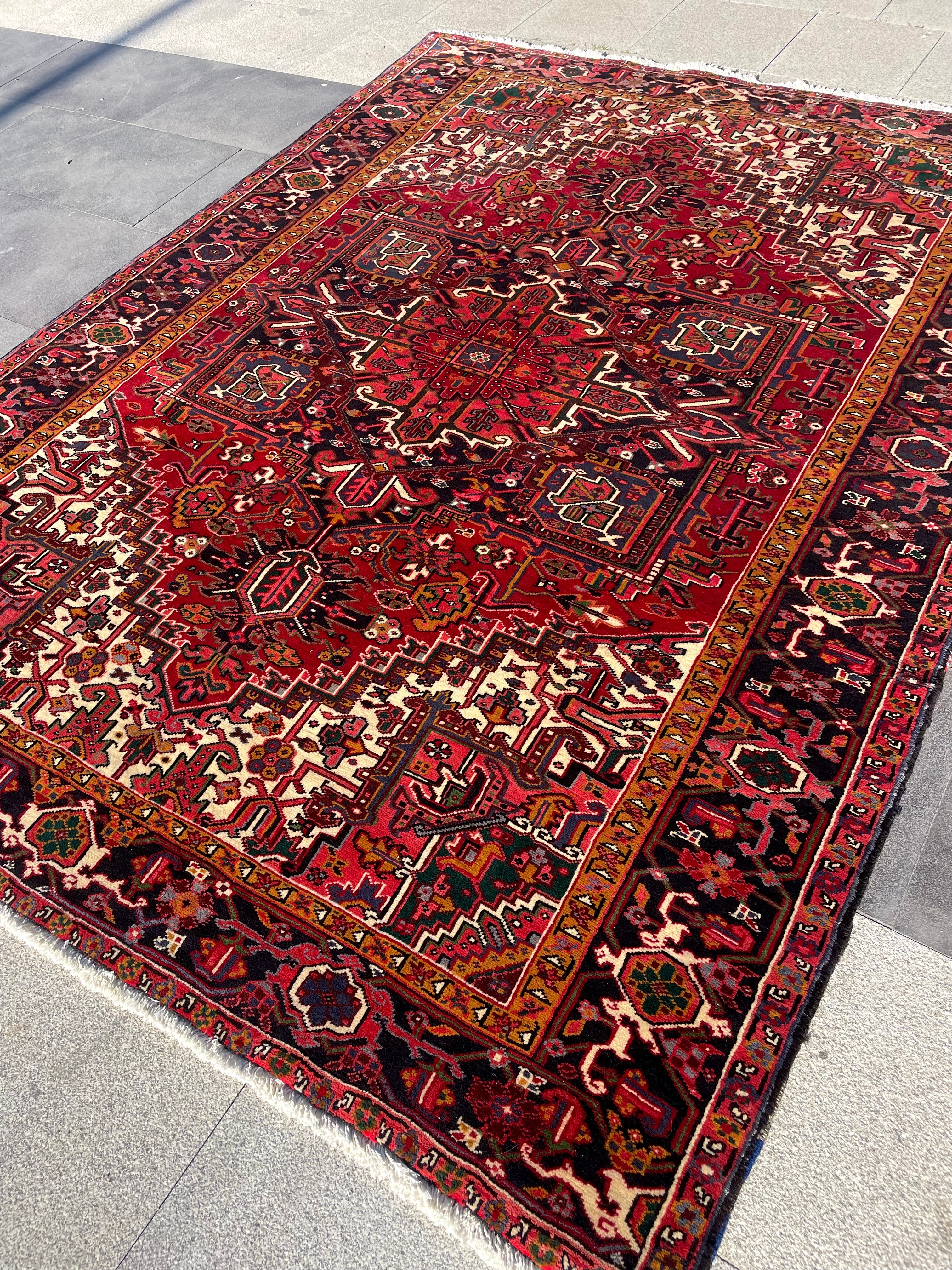 Vintage Heriz Rug 7.6x10 Handwoven Wool High Pile Cozy Tribal Oriental Carpet Home Decor