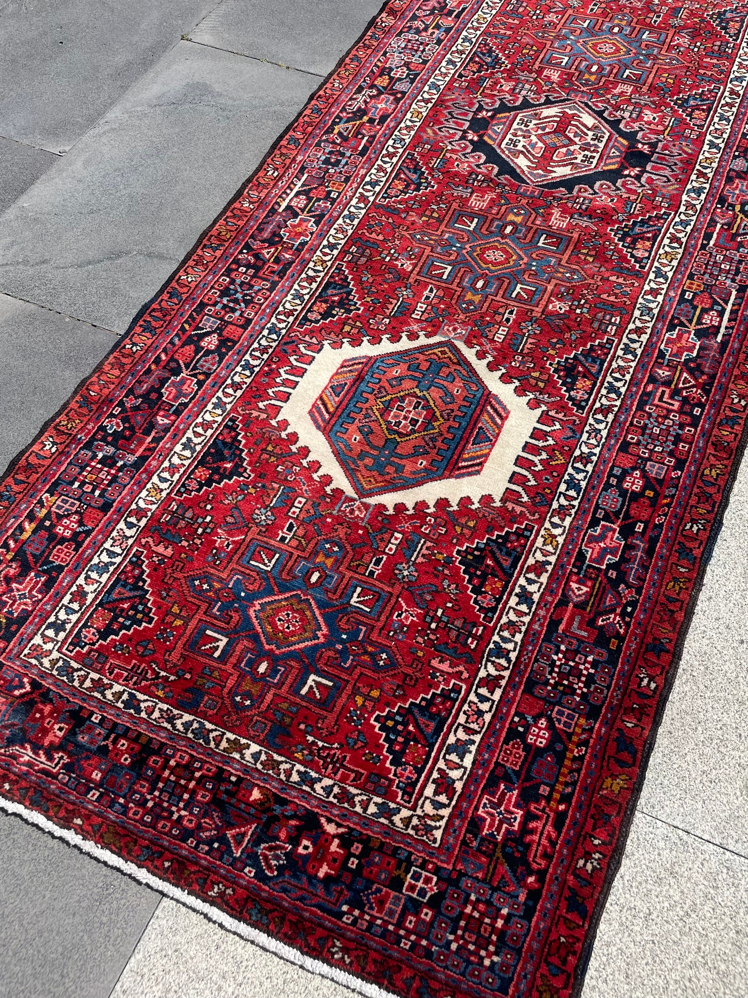 Vintage Turkish Heriz Runner Rug 3.67x10.33 Circa 1960s Handwoven Wool Tribal Oriental Carpet Home Decor