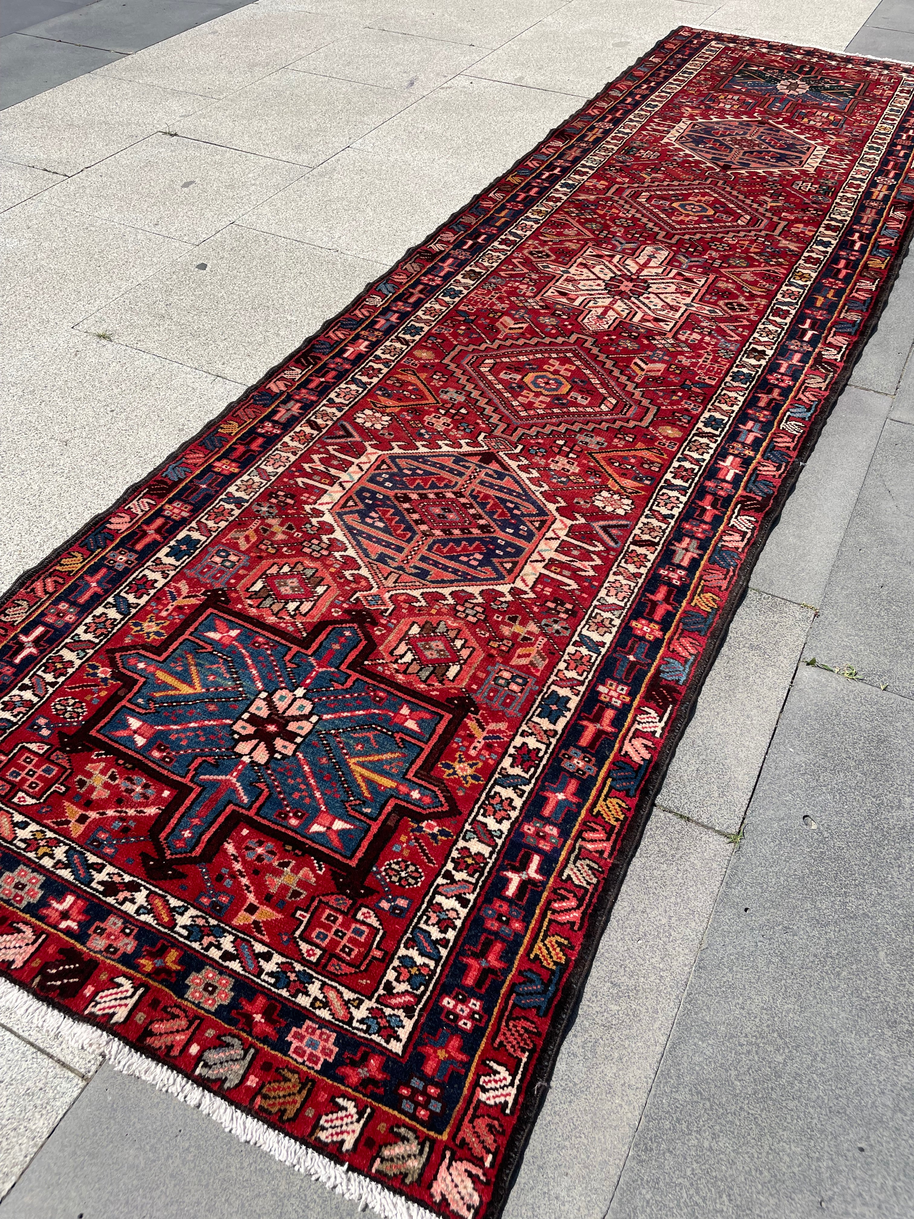 Vintage Heriz Runner Rug 3.18x11.38 Handwoven Wool Low Pile Tribal Oriental Carpet Home Decor