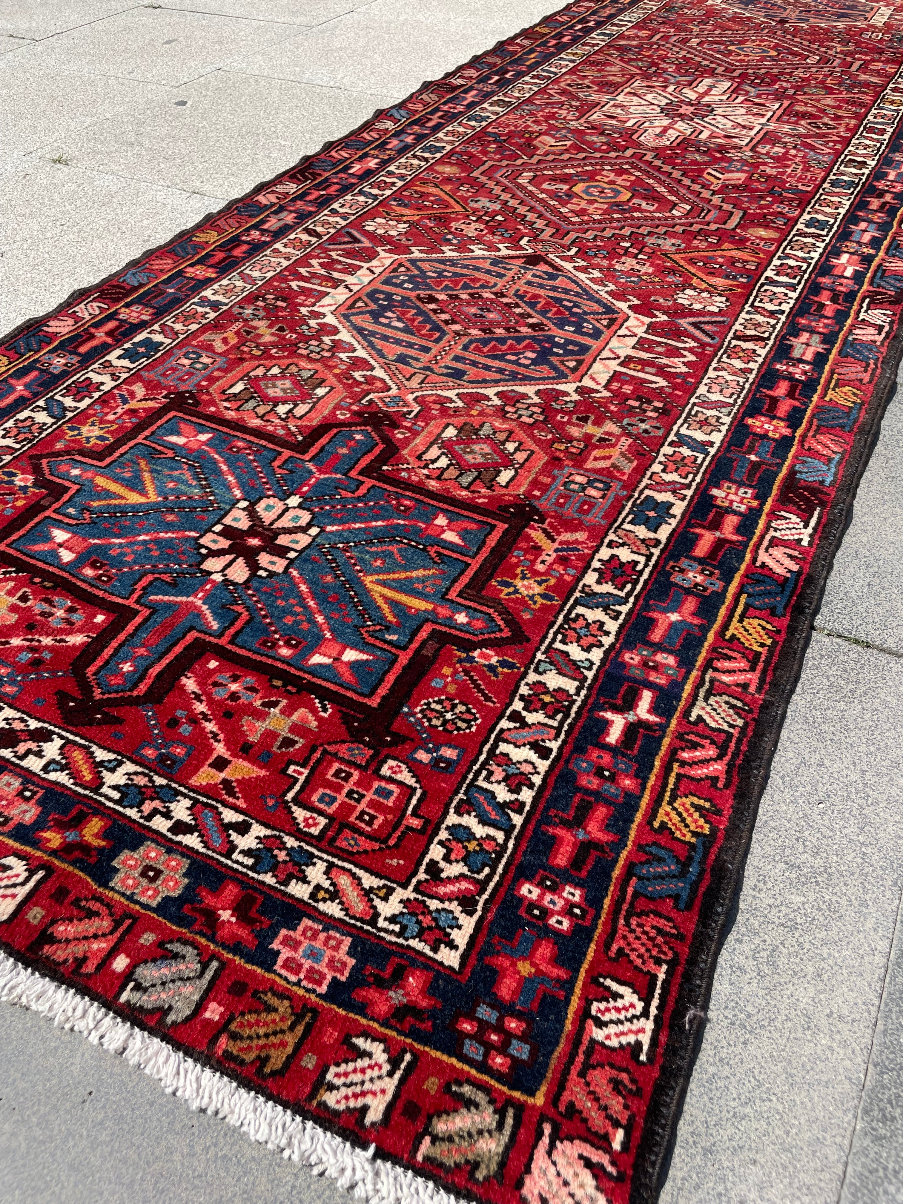 Vintage Heriz Runner Rug 3.18x11.38 Handwoven Wool Low Pile Tribal Oriental Carpet Home Decor