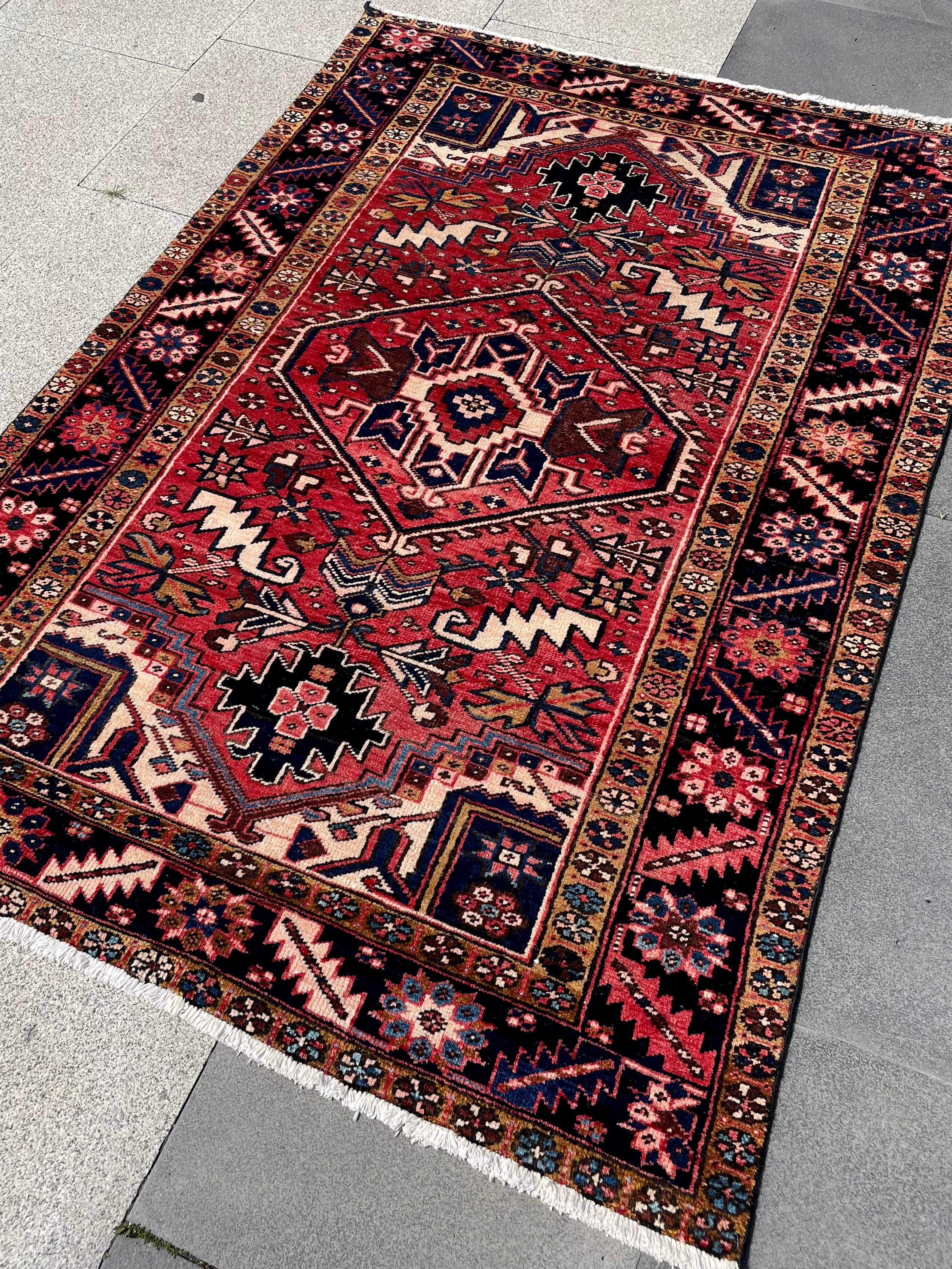 Vintage Turkish Heriz Rug 4.3x6.4 Circa 1960s Handwoven Wool Low Pile Tribal Oriental Rug Home Decor