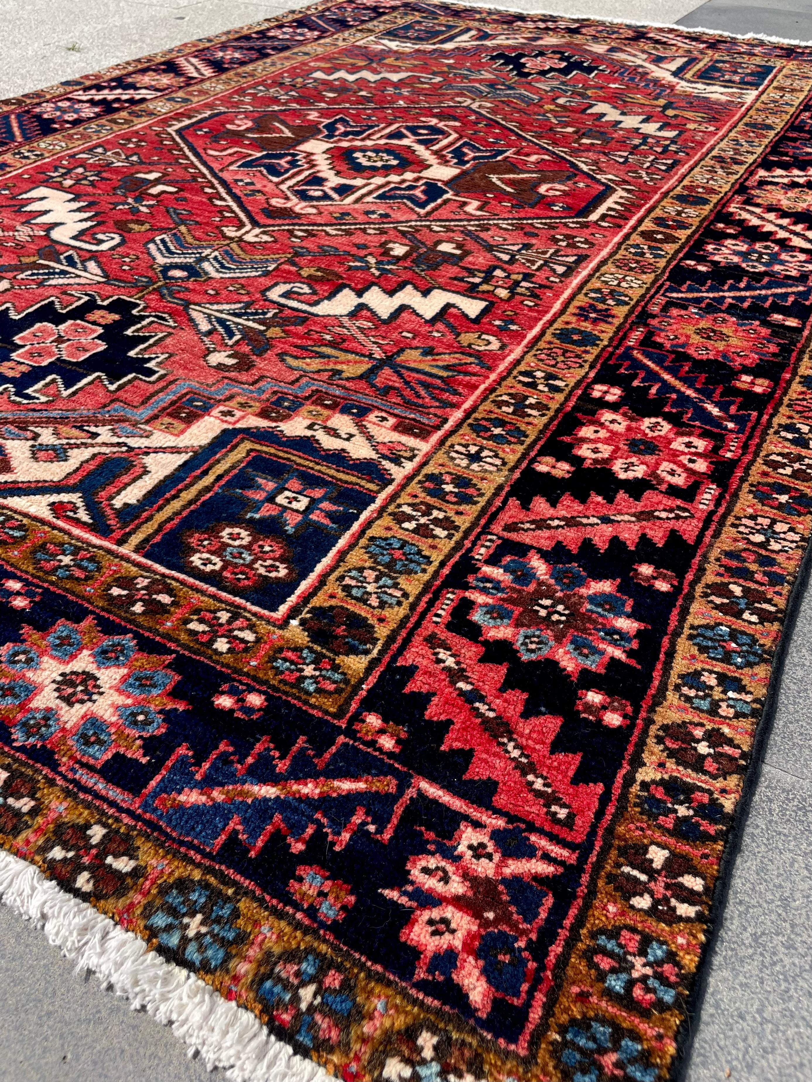 Vintage Turkish Heriz Rug 4.3x6.4 Circa 1960s Handwoven Wool Low Pile Tribal Oriental Rug Home Decor