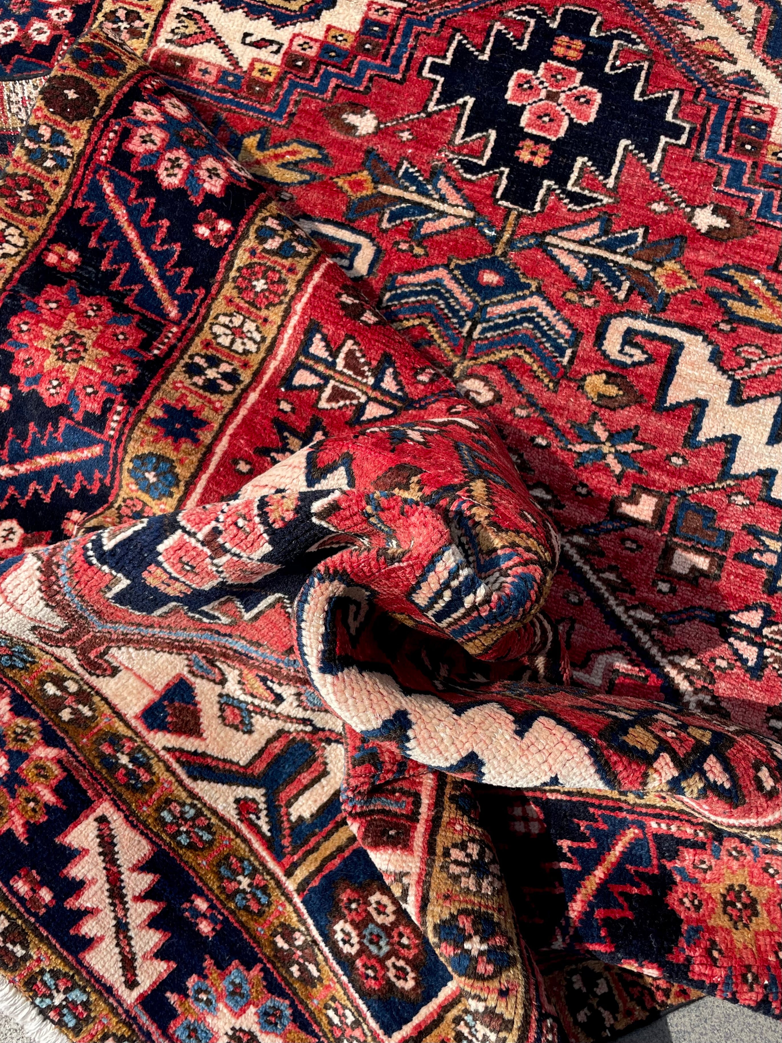 Vintage Turkish Heriz Rug 4.3x6.4 Circa 1960s Handwoven Wool Low Pile Tribal Oriental Rug Home Decor