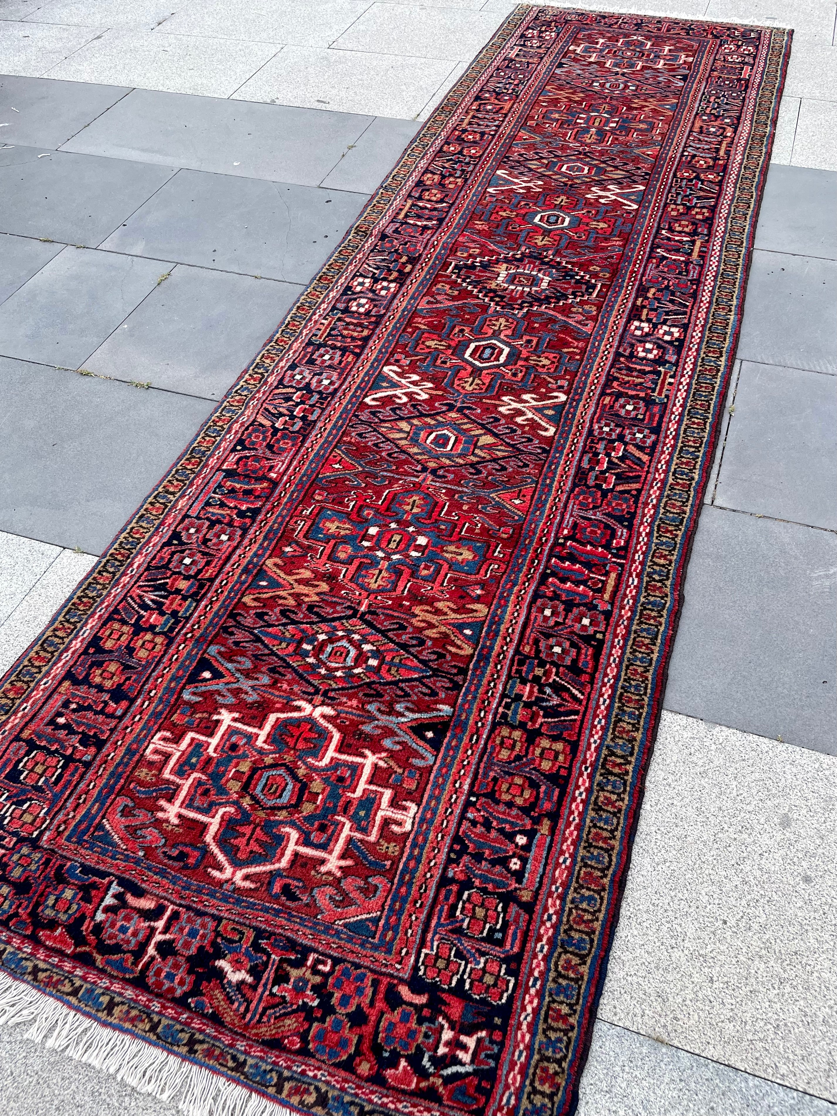 Vintage Turkish Heriz Runner Rug 3.4x12.6 Circa 1950s Handwoven Wool Decorative Oriental Carpet