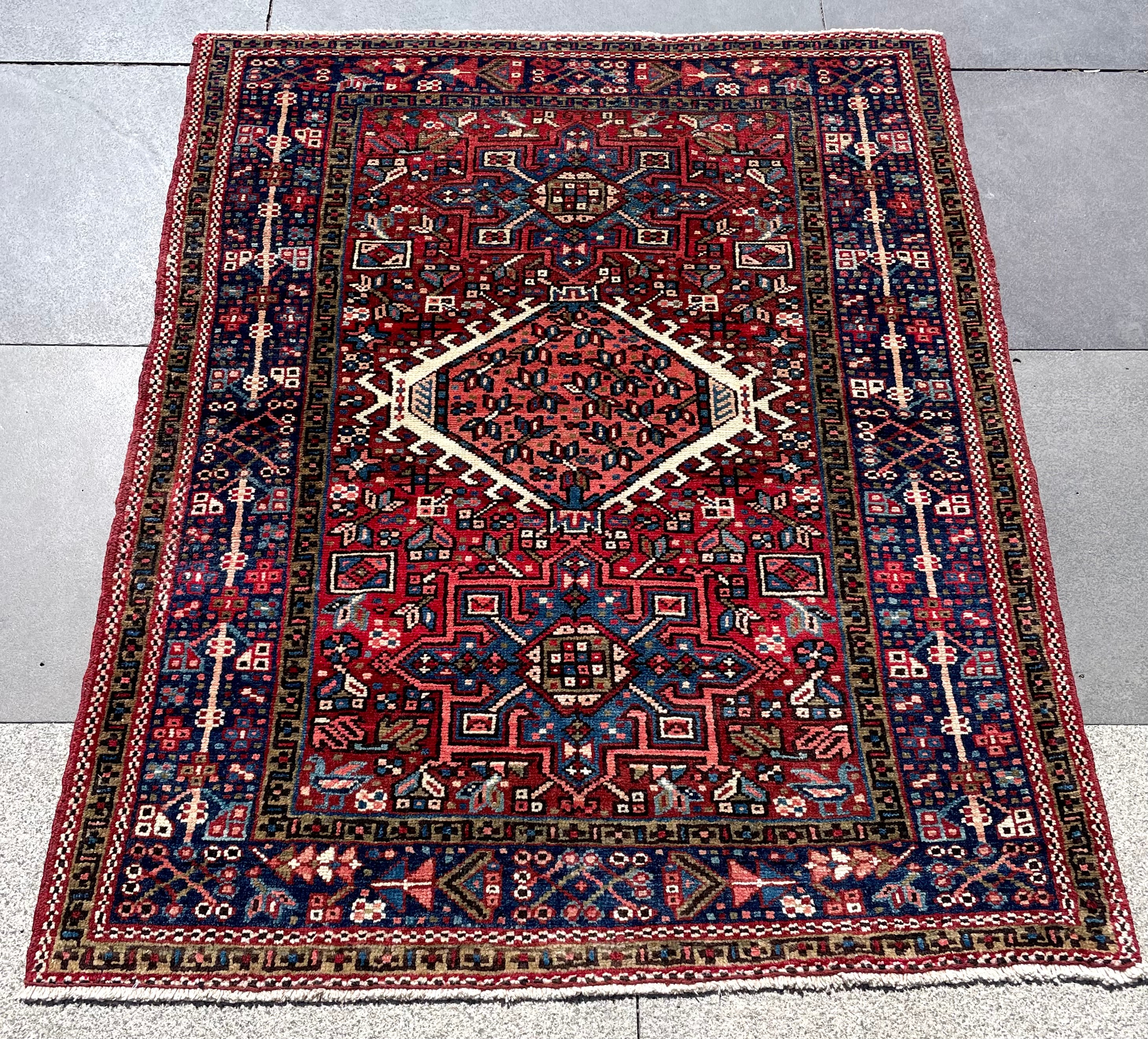 Vintage Turkish Heriz Rug 3.5x4.4 Handwoven Wool Low Pile Rustic Tribal Oriental Carpet Home Decor