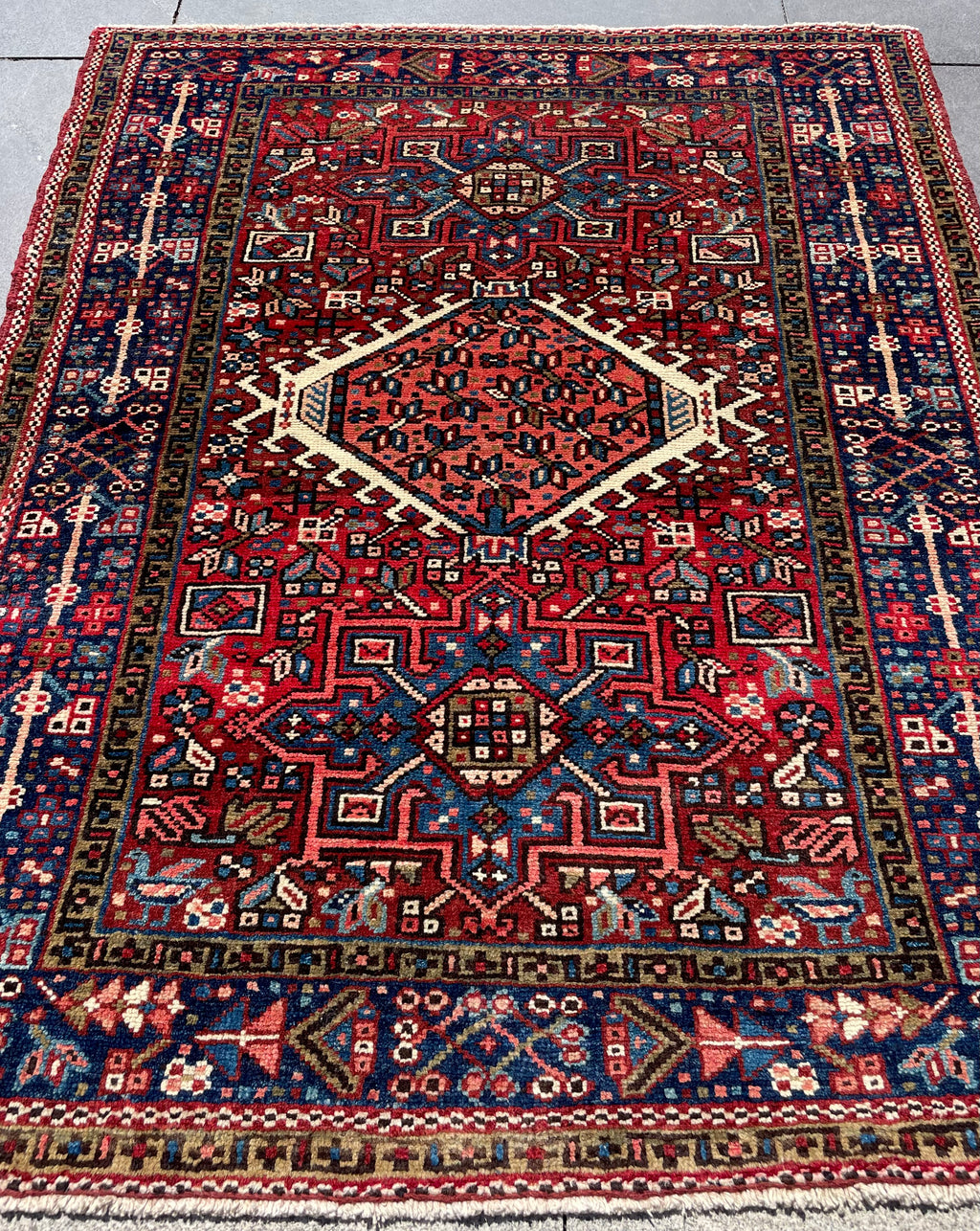 Vintage Turkish Heriz Rug 3.5x4.4 Handwoven Wool Low Pile Rustic Tribal Oriental Carpet Home Decor