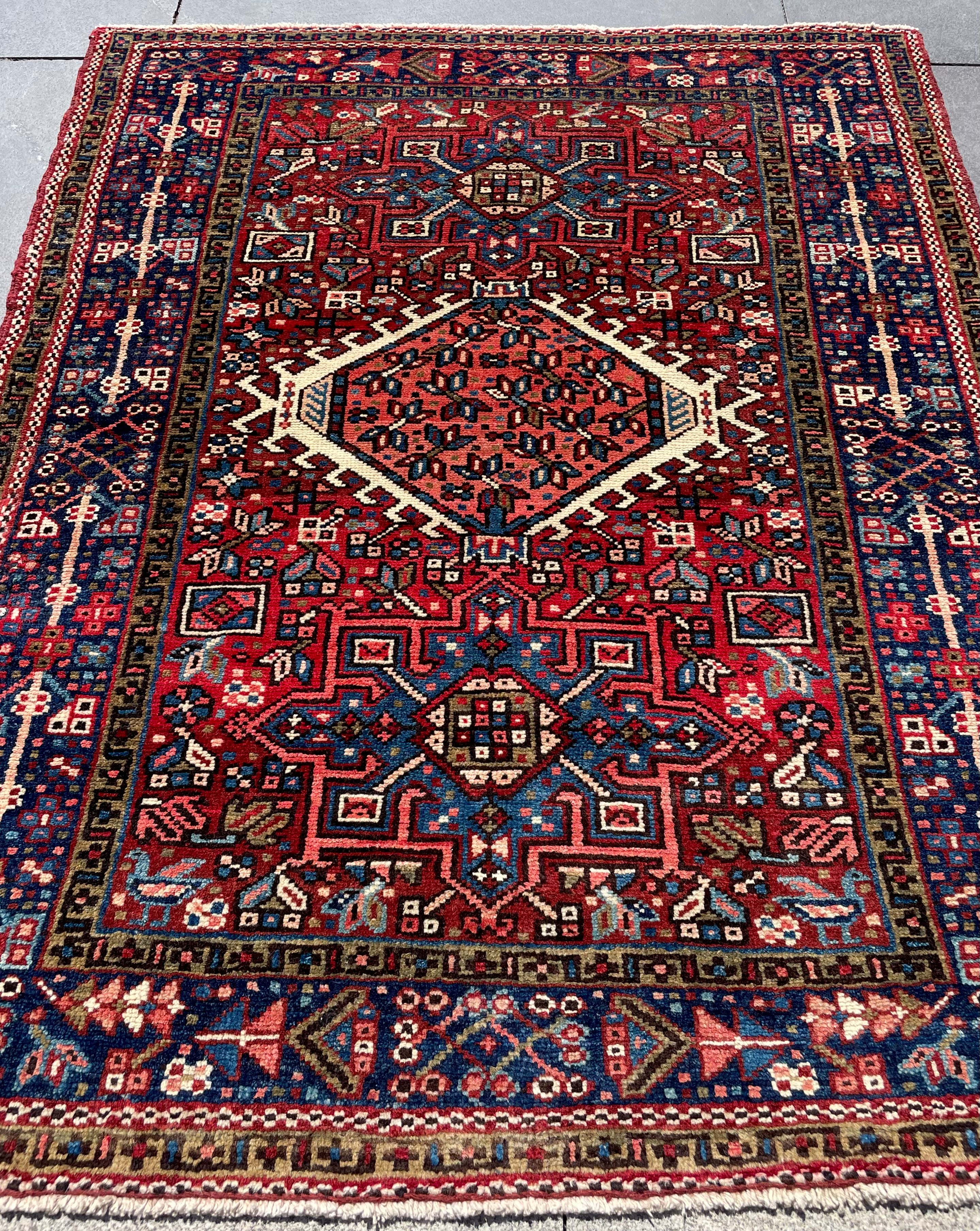Vintage Turkish Heriz Rug 3.5x4.4 Handwoven Wool Low Pile Rustic Tribal Oriental Carpet Home Decor