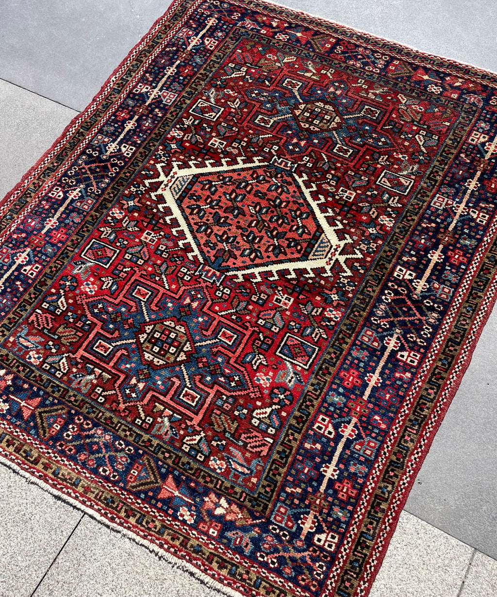 Vintage Turkish Heriz Rug 3.5x4.4 Handwoven Wool Low Pile Rustic Tribal Oriental Carpet Home Decor