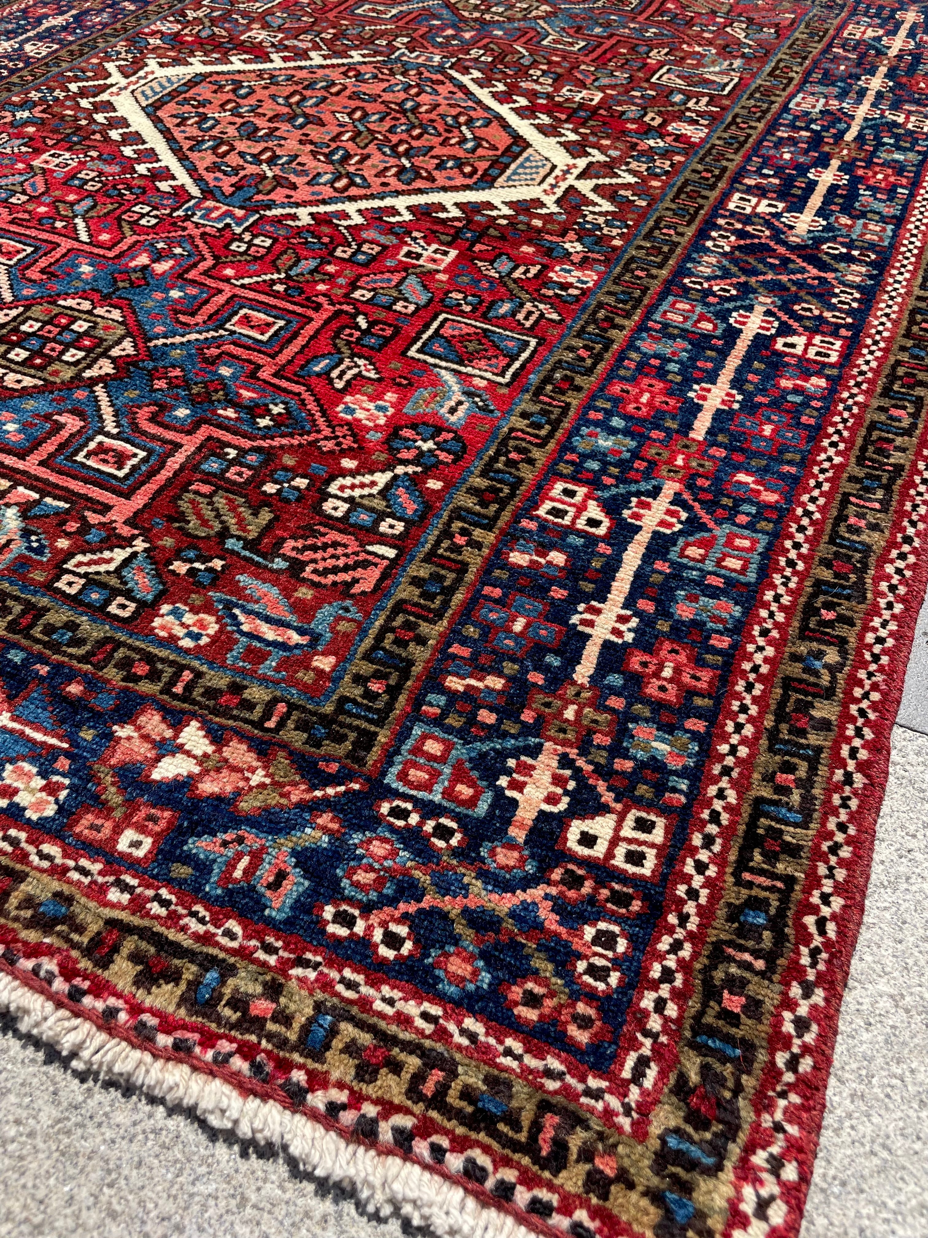 Vintage Turkish Heriz Rug 3.5x4.4 Handwoven Wool Low Pile Rustic Tribal Oriental Carpet Home Decor