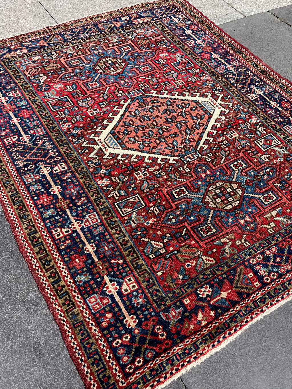 Vintage Turkish Heriz Rug 3.5x4.4 Handwoven Wool Low Pile Rustic Tribal Oriental Carpet Home Decor