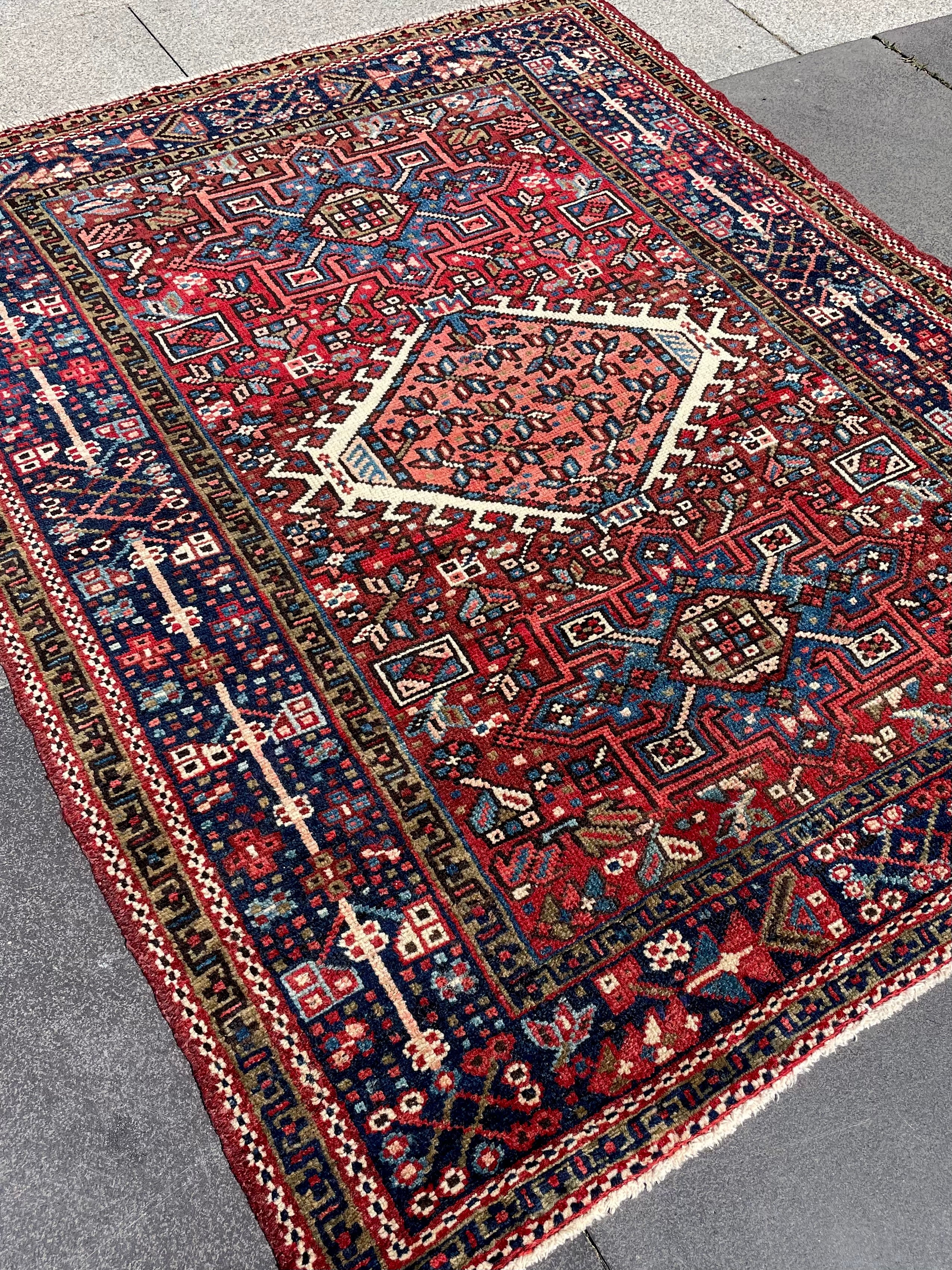Vintage Turkish Heriz Rug 3.5x4.4 Handwoven Wool Low Pile Rustic Tribal Oriental Carpet Home Decor