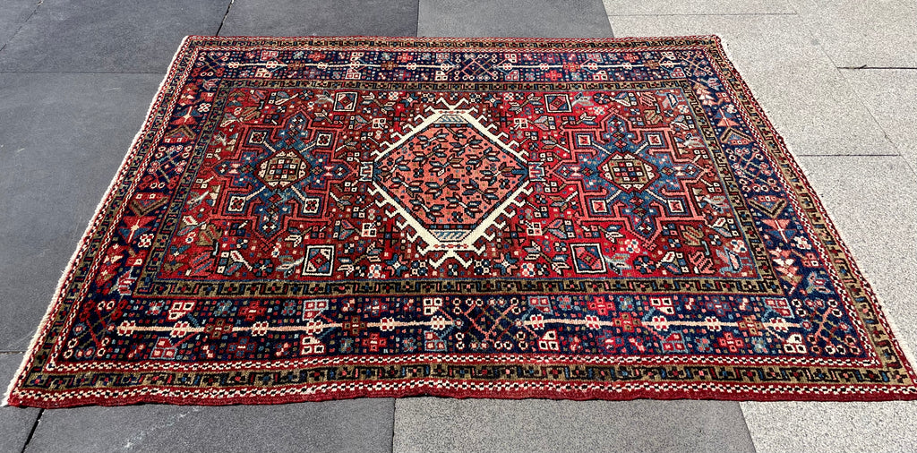 Vintage Turkish Heriz Rug 3.5x4.4 Handwoven Wool Low Pile Rustic Tribal Oriental Carpet Home Decor