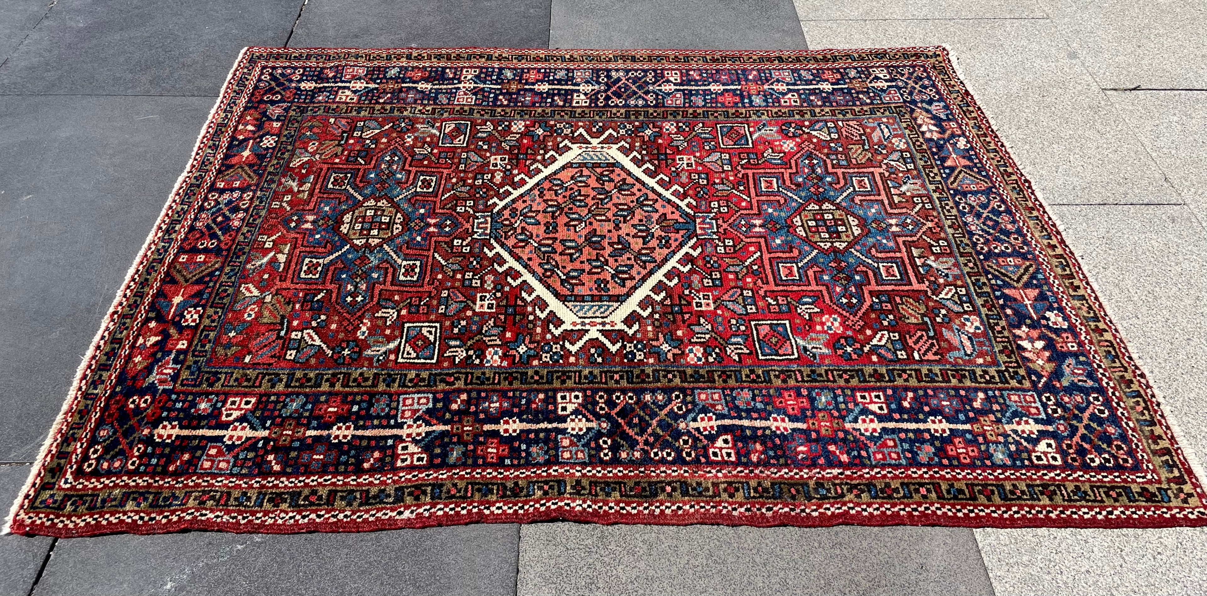 Vintage Turkish Heriz Rug 3.5x4.4 Handwoven Wool Low Pile Rustic Tribal Oriental Carpet Home Decor