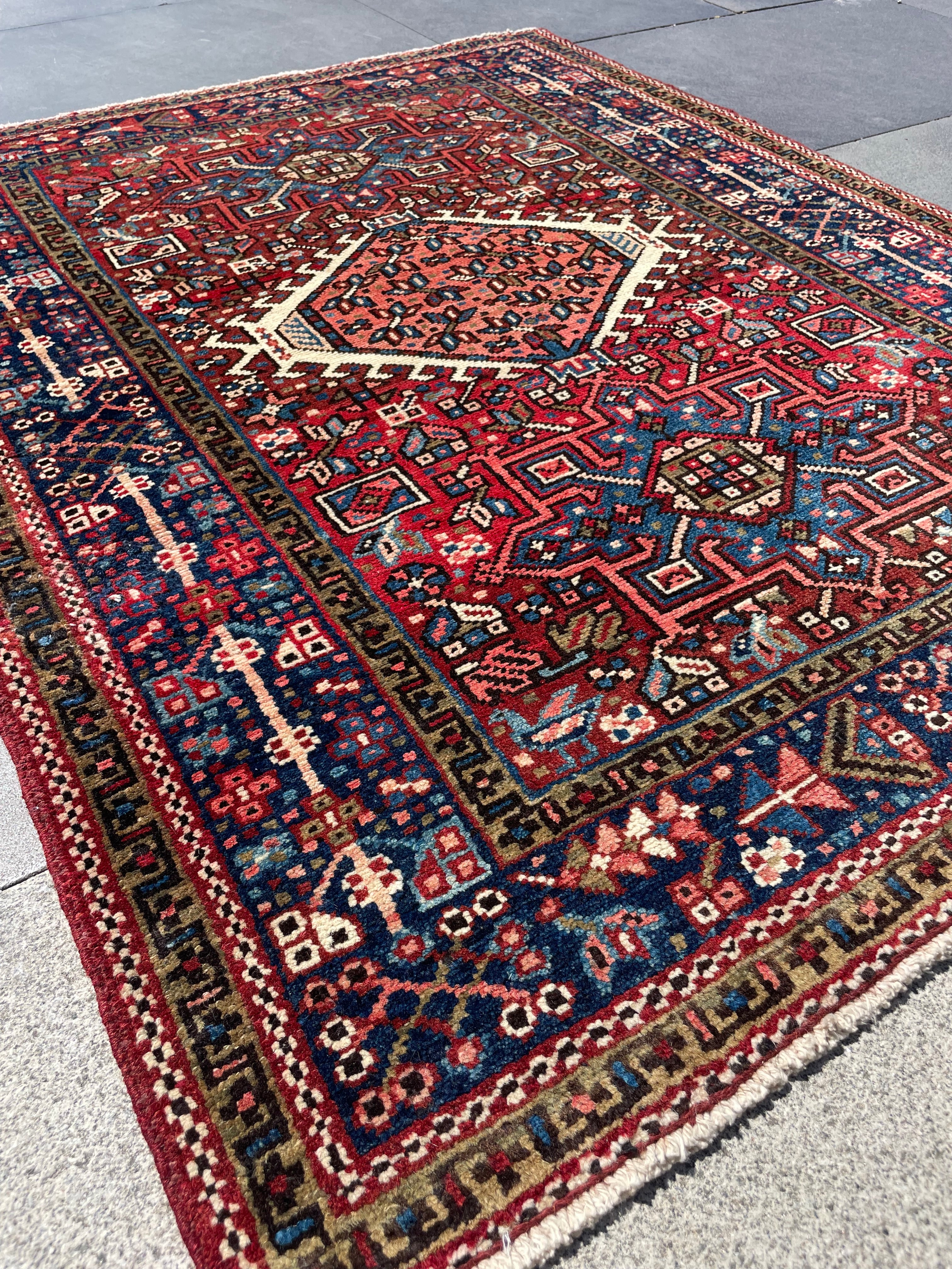 Vintage Turkish Heriz Rug 3.5x4.4 Handwoven Wool Low Pile Rustic Tribal Oriental Carpet Home Decor